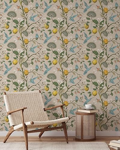 Miniatura 3 de Papel pintado beige de colibrí y árbol de limón, mural autoadhesivo extraíble de pájaros, papel tapiz botánico para despegar y pegar (1 rollo de 24