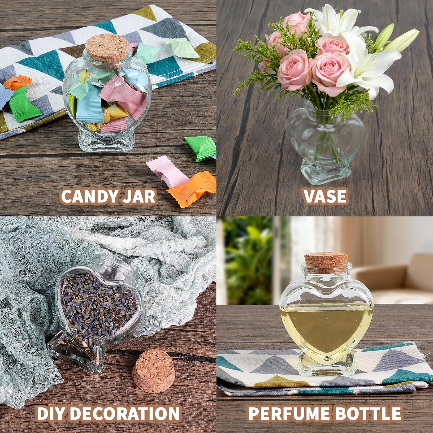 Clear Heart-shaped Glass Bottles with Cork Stopper for Wedding Gifts, Diy Crafts, Sand Jars, Small Glass Bottles with Cork, Mini Jars Decor.