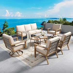 Patio Conversation Set 7 Pcs Metal Outdoor Furniture with 3-Seater Sofa 2 Swivel Chairs 2 Single Chairs Metal