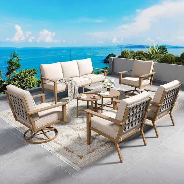 Patio Conversation Set 7 Pcs Metal Outdoor Furniture with 3-Seater Sofa 2 Swivel Chairs 2 Single Chairs Metal