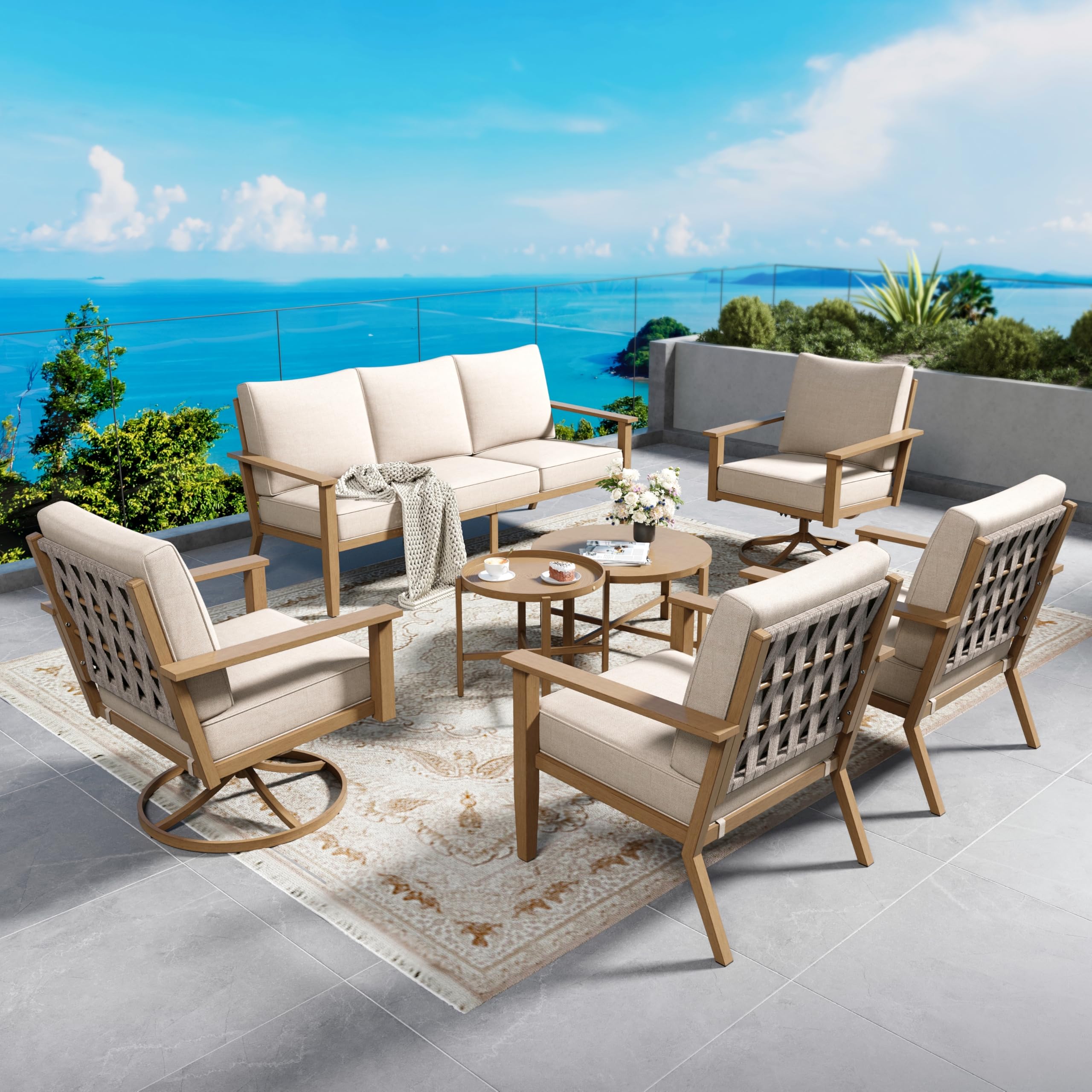 Patio Conversation Set 7 Pcs Metal Outdoor Furniture with 3-Seater Sofa 2 Swivel Chairs 2 Single Chairs Metal