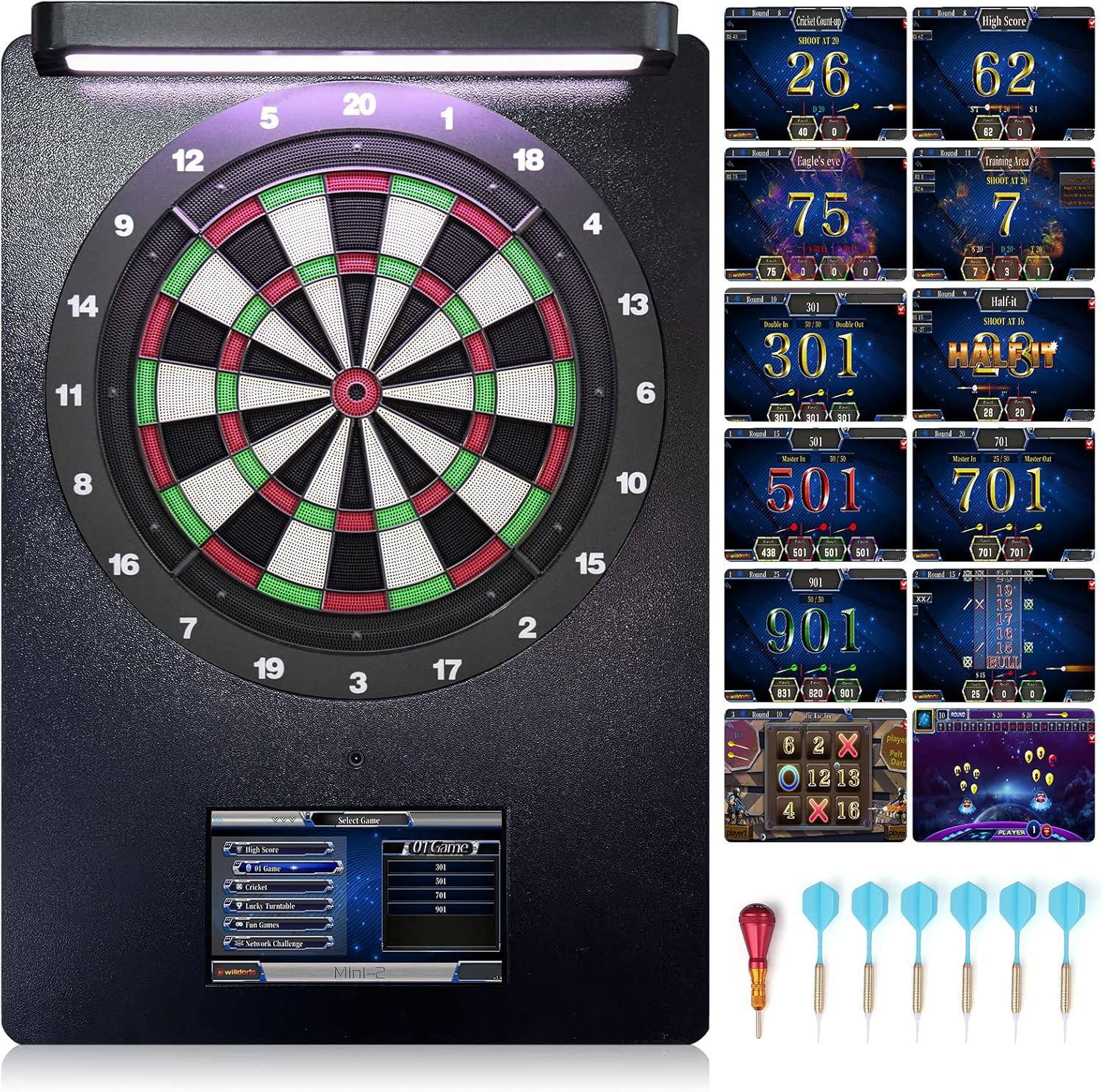 Electronic Dart Board Profession NylonTough Segments Dartboard Machine,Suppor Global Network Auto-Scoring,with 11.6" Touch Screen,LED Headlamp,6 Soft Darts 100 Tips,24.8" W x 35" H