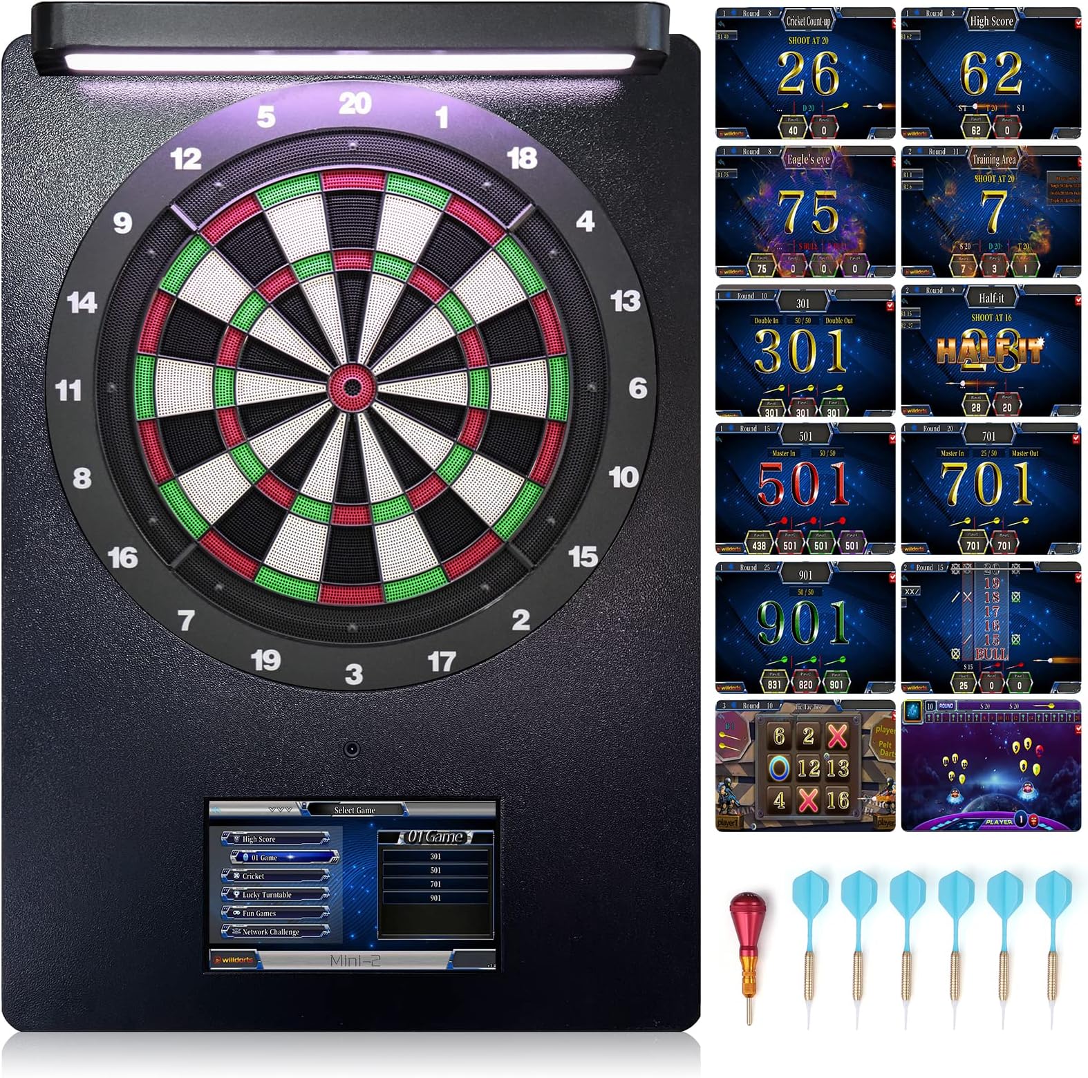 Electronic Dart Board Profession NylonTough Segments Dartboard Machine,Suppor Global Network Auto-Scoring,with 11.6" Touch Screen,LED Headlamp,6 Soft Darts 100 Tips,24.8" W x 35" H