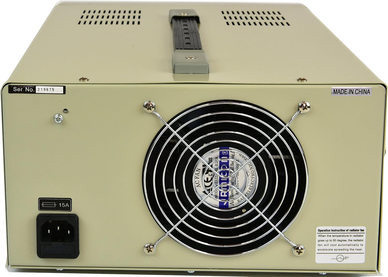 Rear panel of the Tekpower TP12003D DC power supply showing the AC power input, fuse holder, and cooling fan.