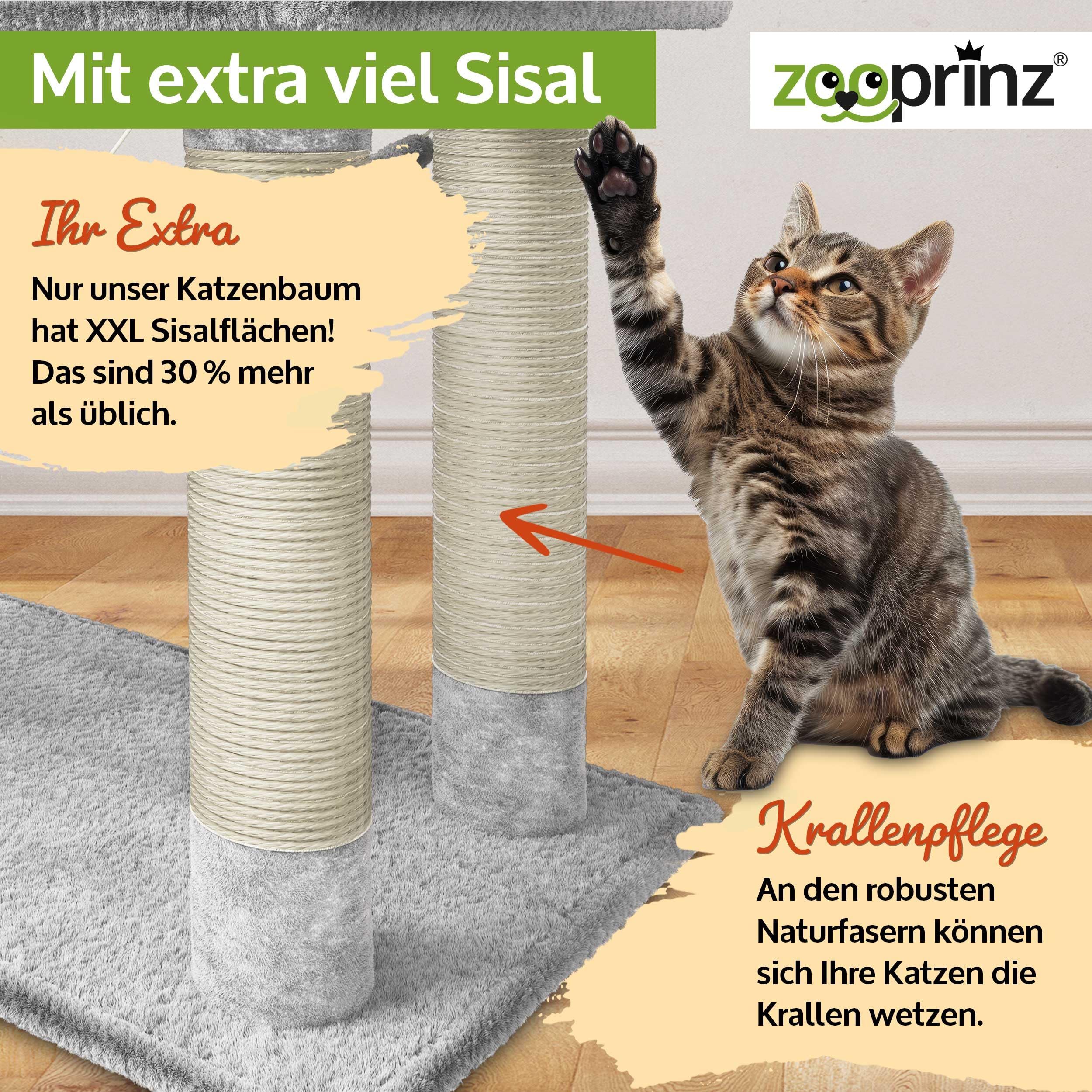 zooprinz XXL Kratzbaum extra breit – Katzenbaum, Hellgrau | Premium Kletterturm mit dicken Sisal-Säulen, Höhle, Hängematte, Spielbällen & Seil für kleine und große Katzen