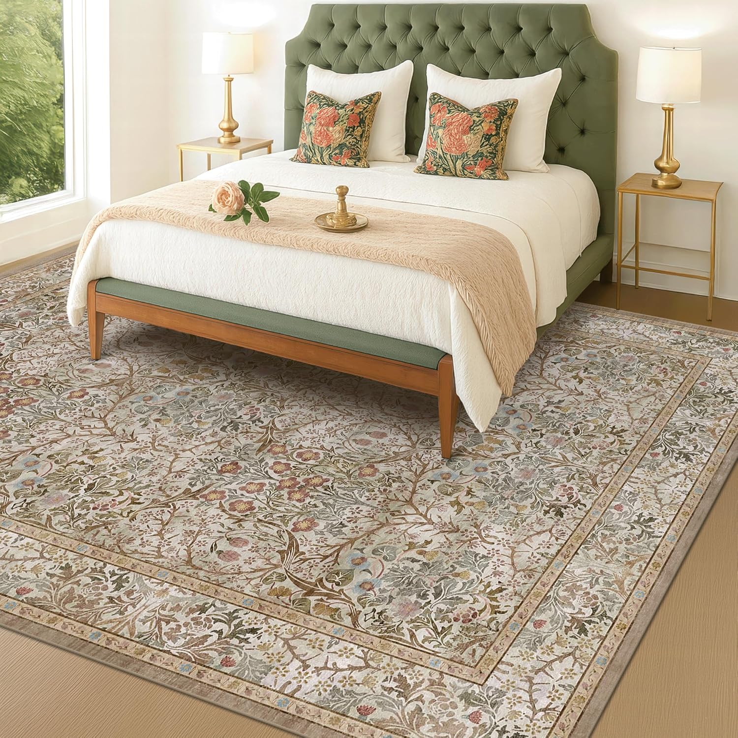 Vintage Moss Green Living Room Rug, Neutral Taupe 8x10 Washable Area Rugs for Bedroom, Dining Room Rugs Under Kitchen Table, Oriental Low Pile Stain Resistant Non-Slip Large Rug