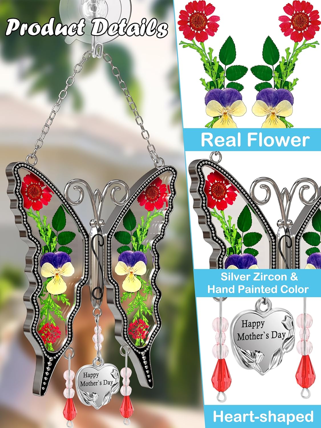 KY&BOSAM Gifts for Mom Butterfly Suncatcher Happy Mother's Day Stained Glass Sun Catchers for Windows Hanging Wind Chime Home Decor with Pressed Real Flowers and Heart Charm Gift for Women