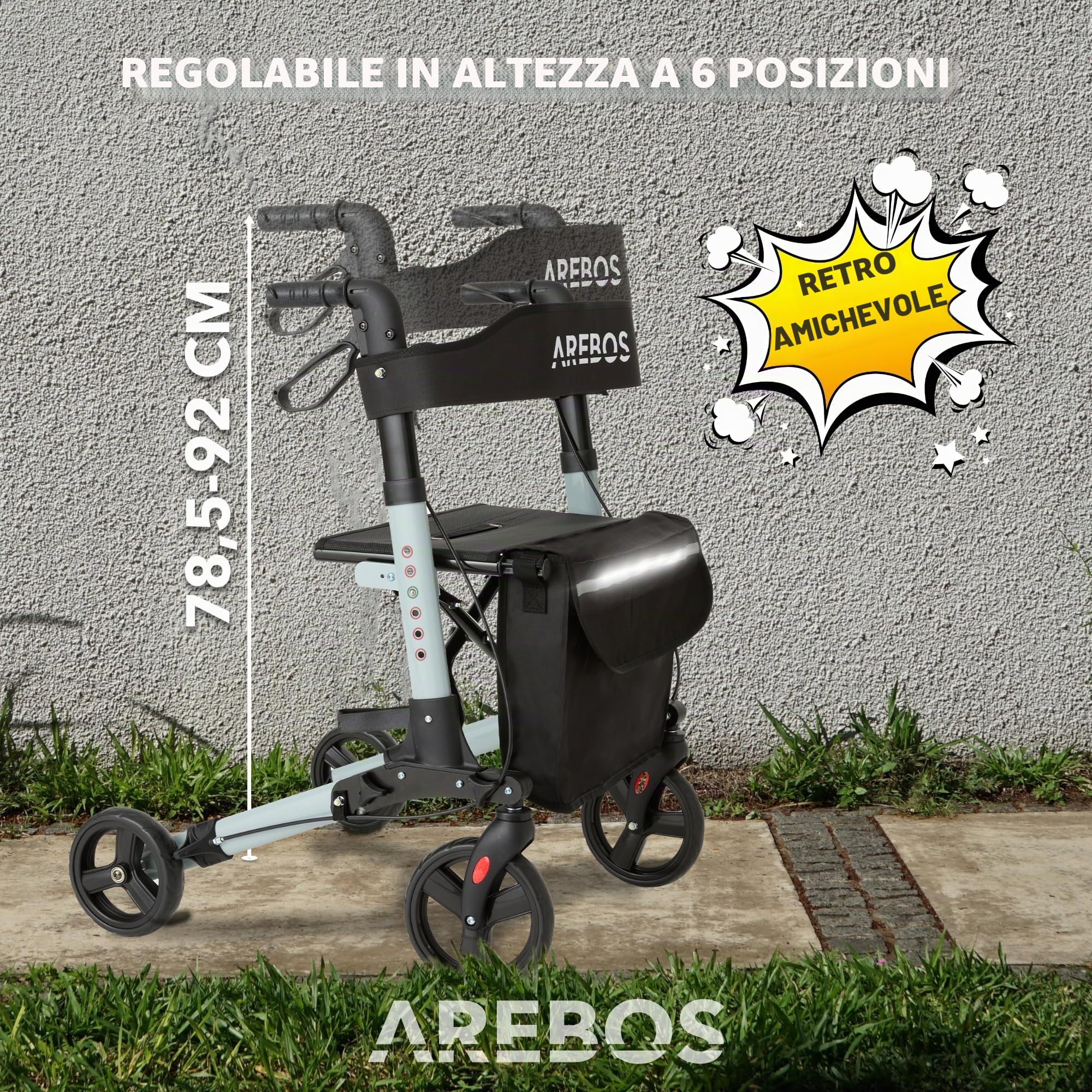 Arebos Deambulatore 4 Ruote | 136 kg | Pieghevole | Alluminio | Peso Leggero | con Borsa per la Spesa | Nero