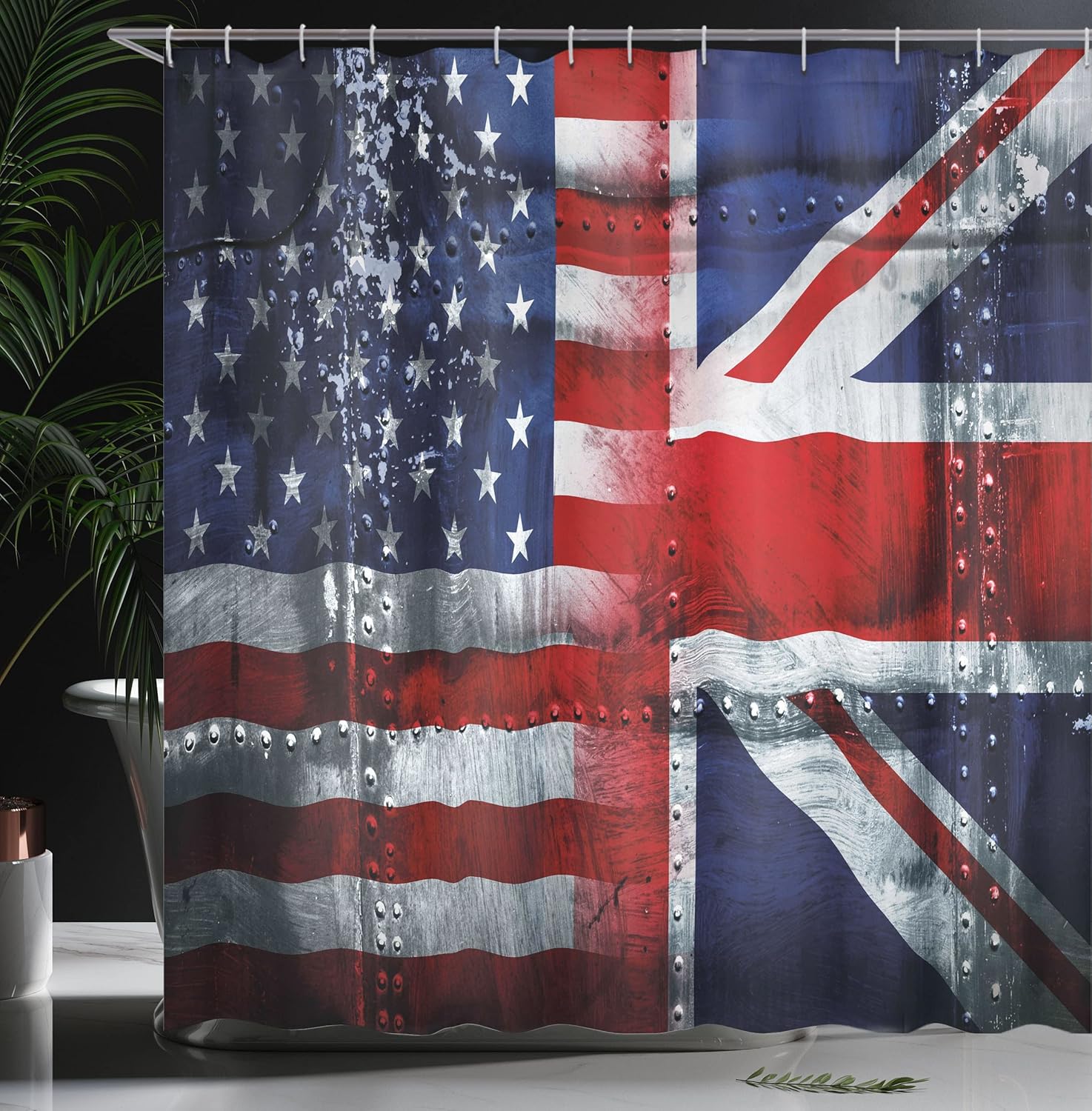 Ambesonne Union Jack Shower Curtain, Grunge Industrial Themed Composition of UK and USA Flags Vintage Print, Cloth Fabric Bathroom Decor Set with Hooks, 69" W x 75" L, Navy Blue White Red