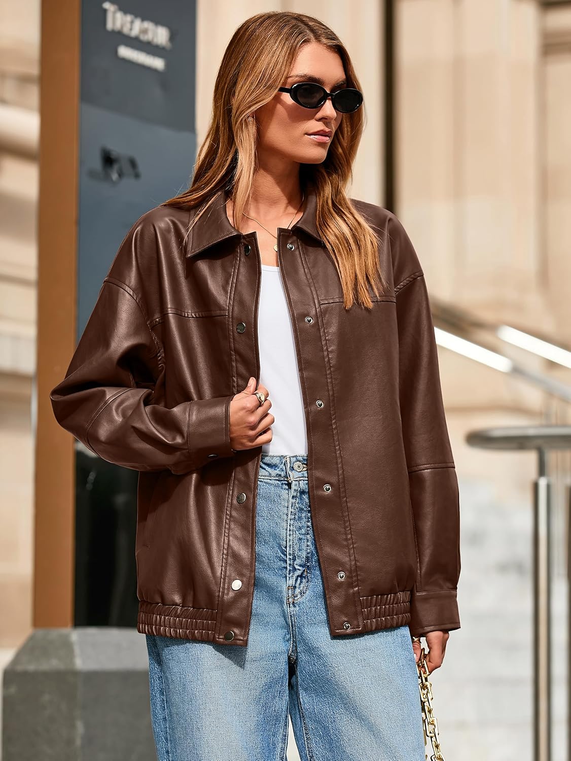Glamaker Womens Faux Leather Jacket Trendy Outfits Loose Fit Button Down Motorcycle Bomber Jackets Fashion Fall Winter Coat - Image 5