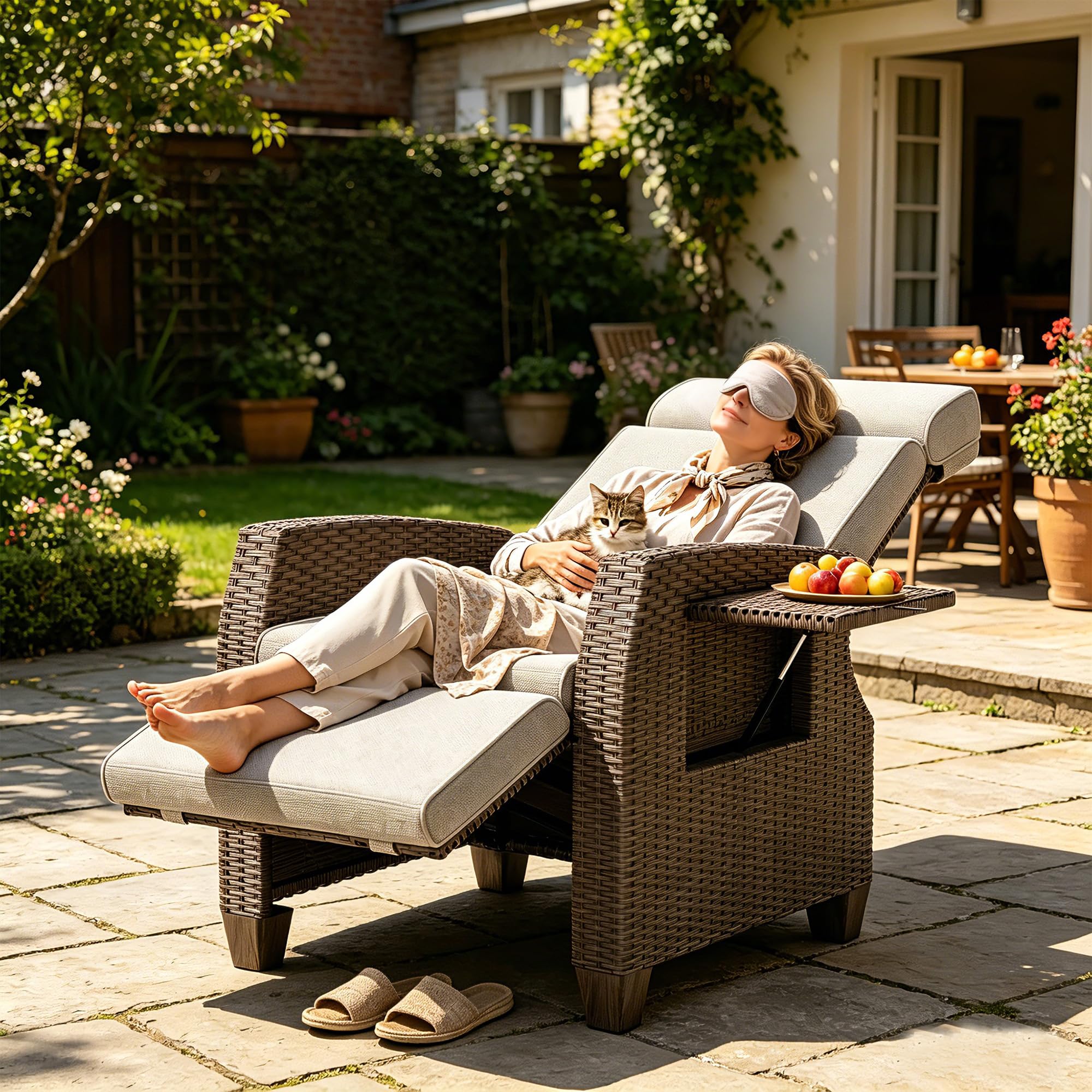 Fiutazge Fauteuil Relax Jardin en Rotin,Chaise Longue Jardin avec Coussin,Transat Jardin Exterieur,Dossier RéGlable,Table Latérale,Bain de Soleil pour Intérieur,Extérieur,Beige Coussin