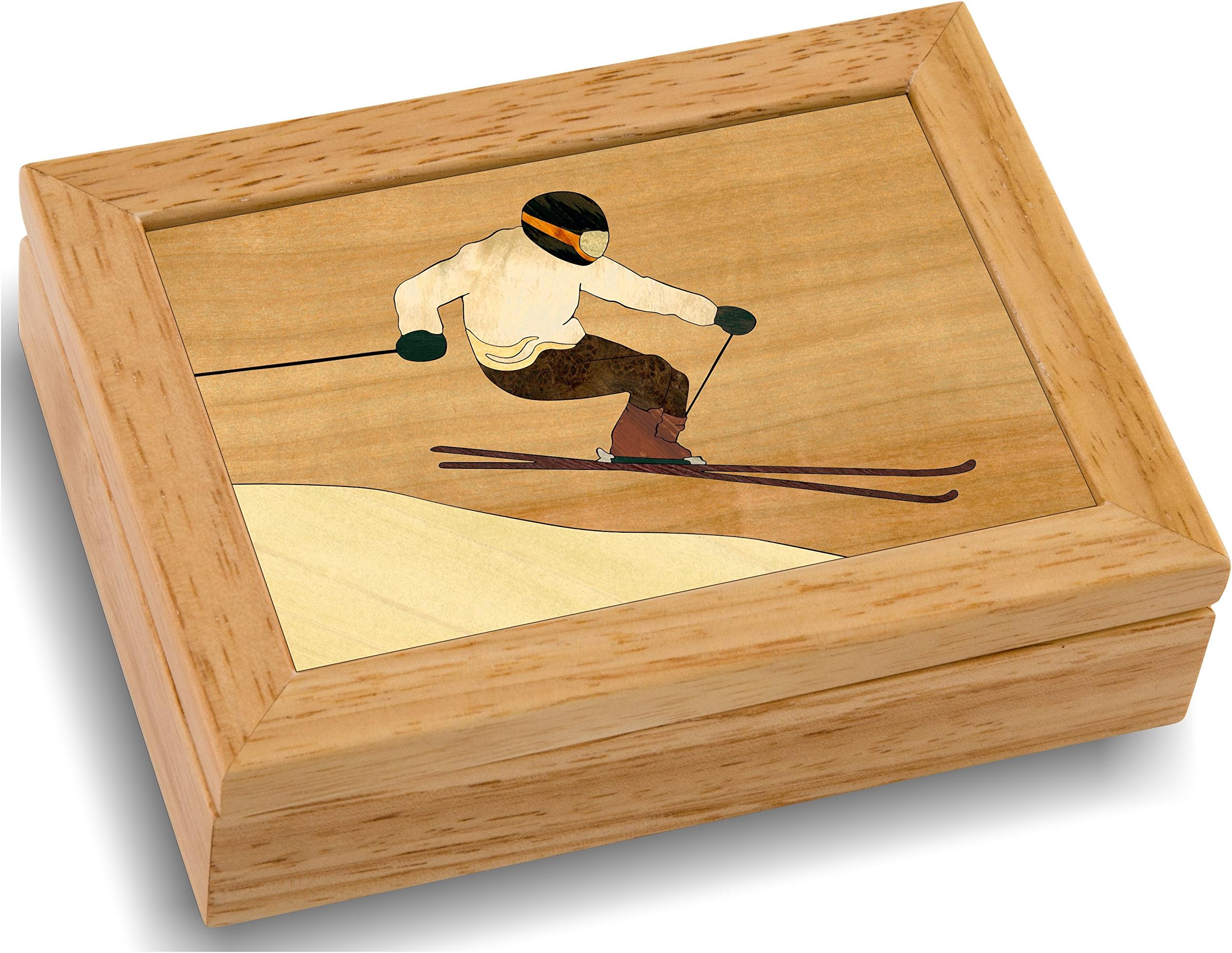 Ski Wood Art Jewelry Trinket Box & Gift - Handmade USA - Unmatched Quality - Unique, No Two are the Same - Original Work of Wood Art (#4120 Skier 4x5x1.5)