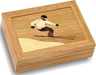 MarqArt Ski Wood Art Jewelry Trinket Box & Gift - Handmade USA - Unmatched Quality - Unique, No Two are the Same - Original Work of Wood Art (#4120 Skier 4x5x1.5)