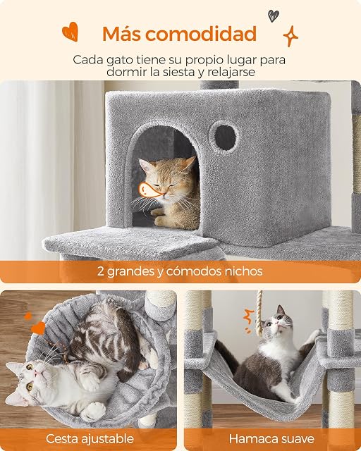 Foto 4 de 7 de Feandrea Árbol para Gatos Grandes, 2 Plataformas, 2 Cuevas, Cesta