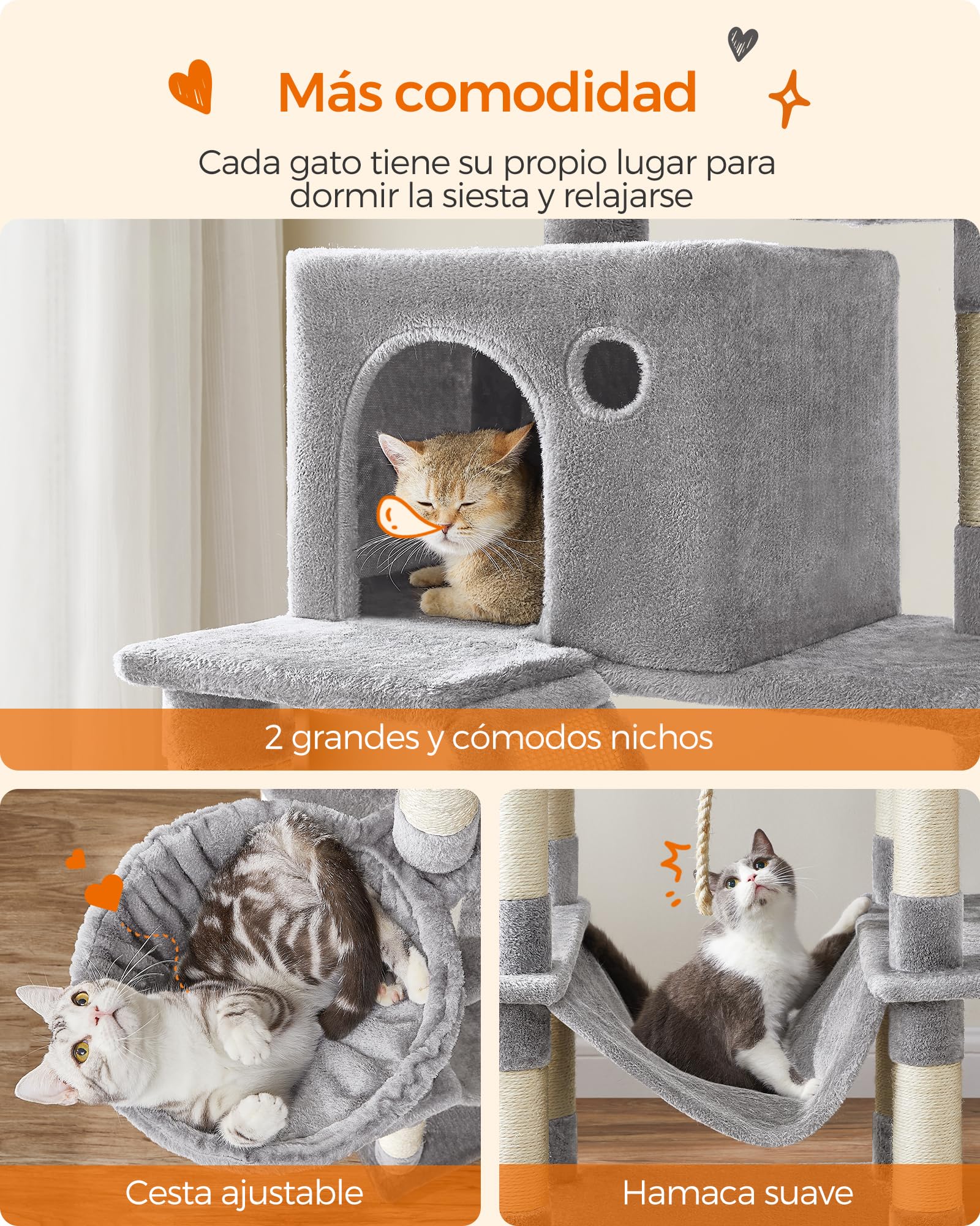 Feandrea Árbol para Gatos Grandes, Torre de Gatos de 206 cm con 13 Postes, 2 Plataformas, 2 Cuevas, Cesta, Hamaca, Rascador Multinivel, Gris Claro