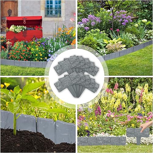 Miniatura 2 de Fuairmee Borde de borde de jardín, borde de jardinería de 16 pies, 20 bordes de plástico para césped, efecto de piedra de imitación, sin excavación,