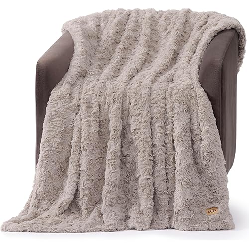 UGG Adalee Faux Fur Throw Blanket, Luxury Cozy Fluffy Blanket for Living Room or Bedroom, Decorative Double-Sided Fuzzy Throw, Machine Washable Spring Decor, 50-inch x 70-inch, Oyster Brown