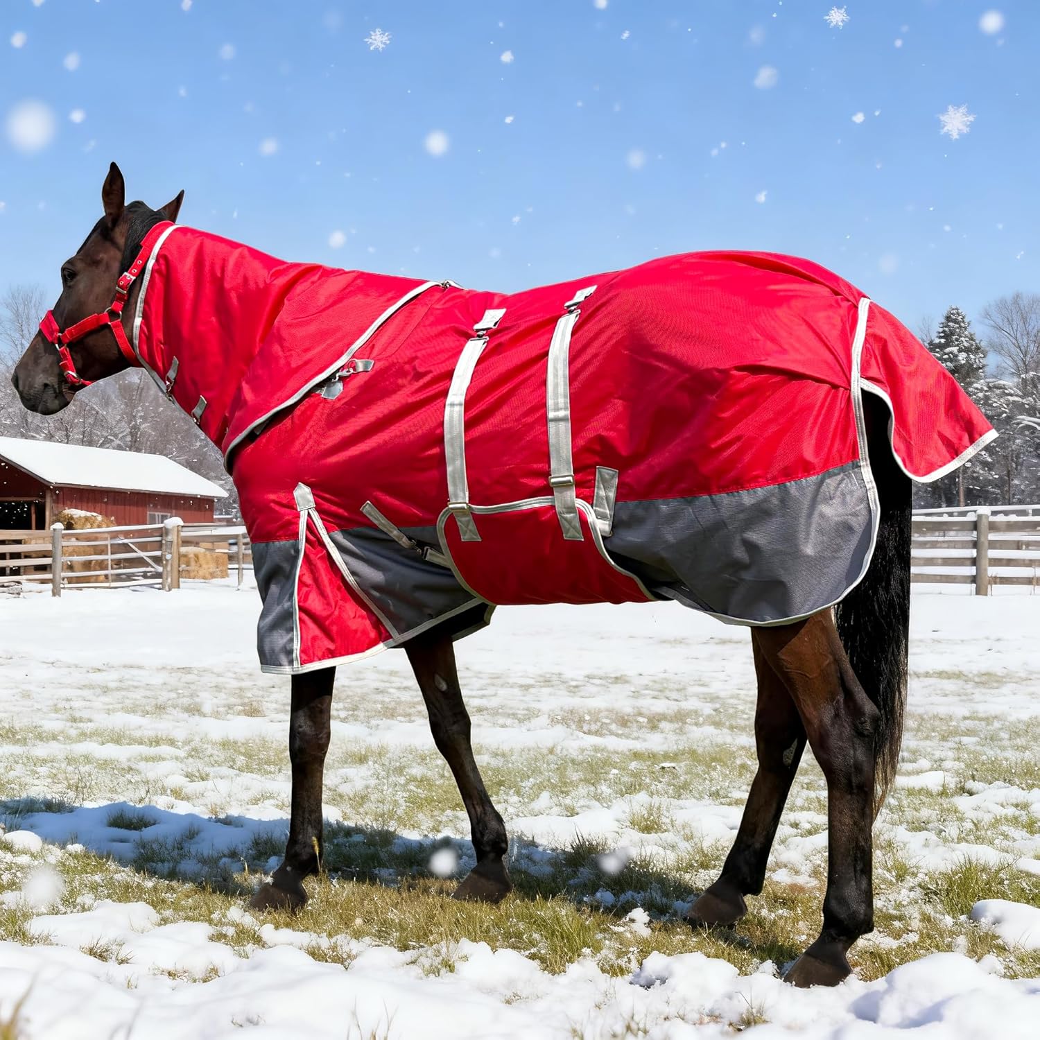 Horse Turnout Blankets for Winter 1800D Medium Weight (220g Cotton Fill) Horse Blanket with Neck Cover Leg Straps Belly Wrap (80”)
