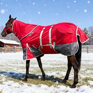 Horse Turnout Blankets for Winter 1800D Medium Weight 220g Cotton Fill Horse Blanket with Neck Cover Leg Straps Belly Wrap 80