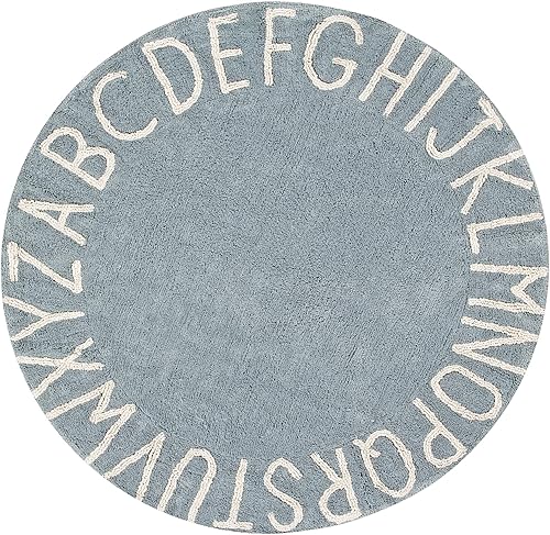 Lorena Canals - Alfombra de área lavable para habitación infantil Colección ABC en color Natural y Azul Vintage - Hecho a mano por artesanos en