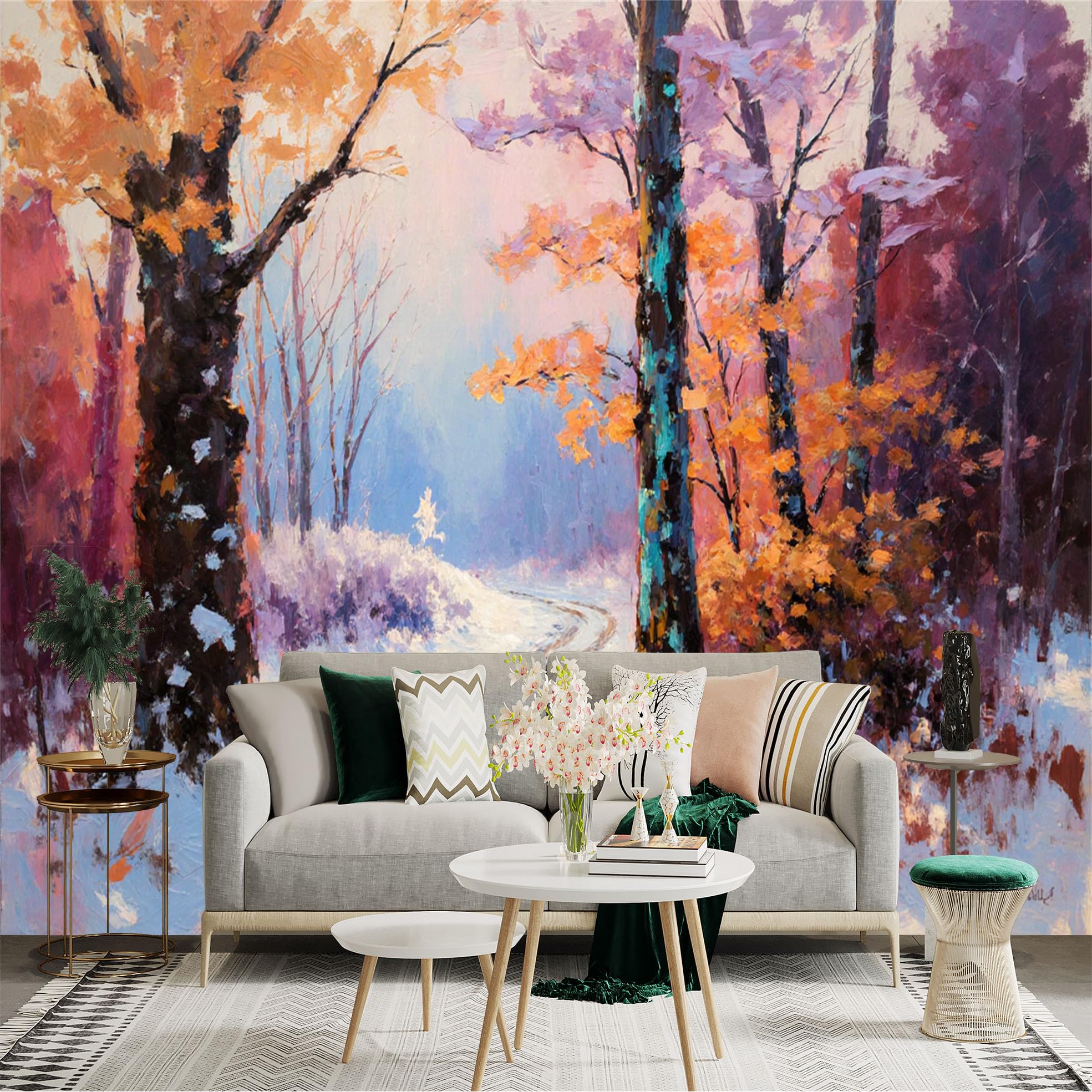 Custom Size Wall Sticker Mural， Autumn Forest Path with Snow， Sunset Trees and Misty Landscape， for wall Decoration， peelandstick wall Decals.