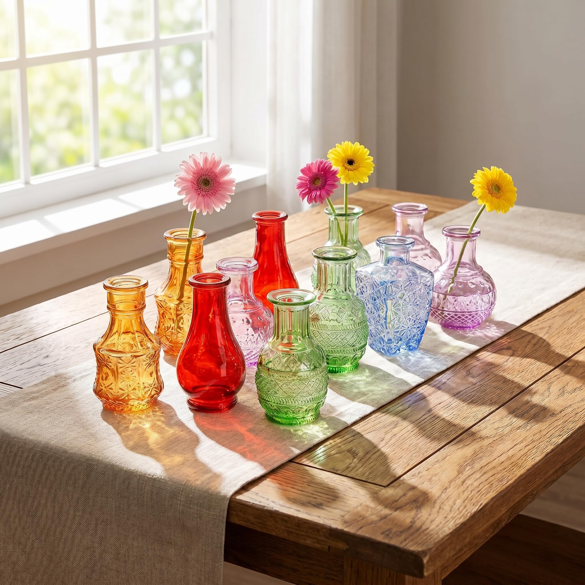 DEAYOU 10 Stück Glasvasen, kleine transparente Blumenvase für Tafelaufsatz, Mini-Vintage-Blumenflasche, Bunte lebendige Einzelknospenvasen, zierliche Tisch-Blumenvasen für Pflanzen, Heimdekoration,