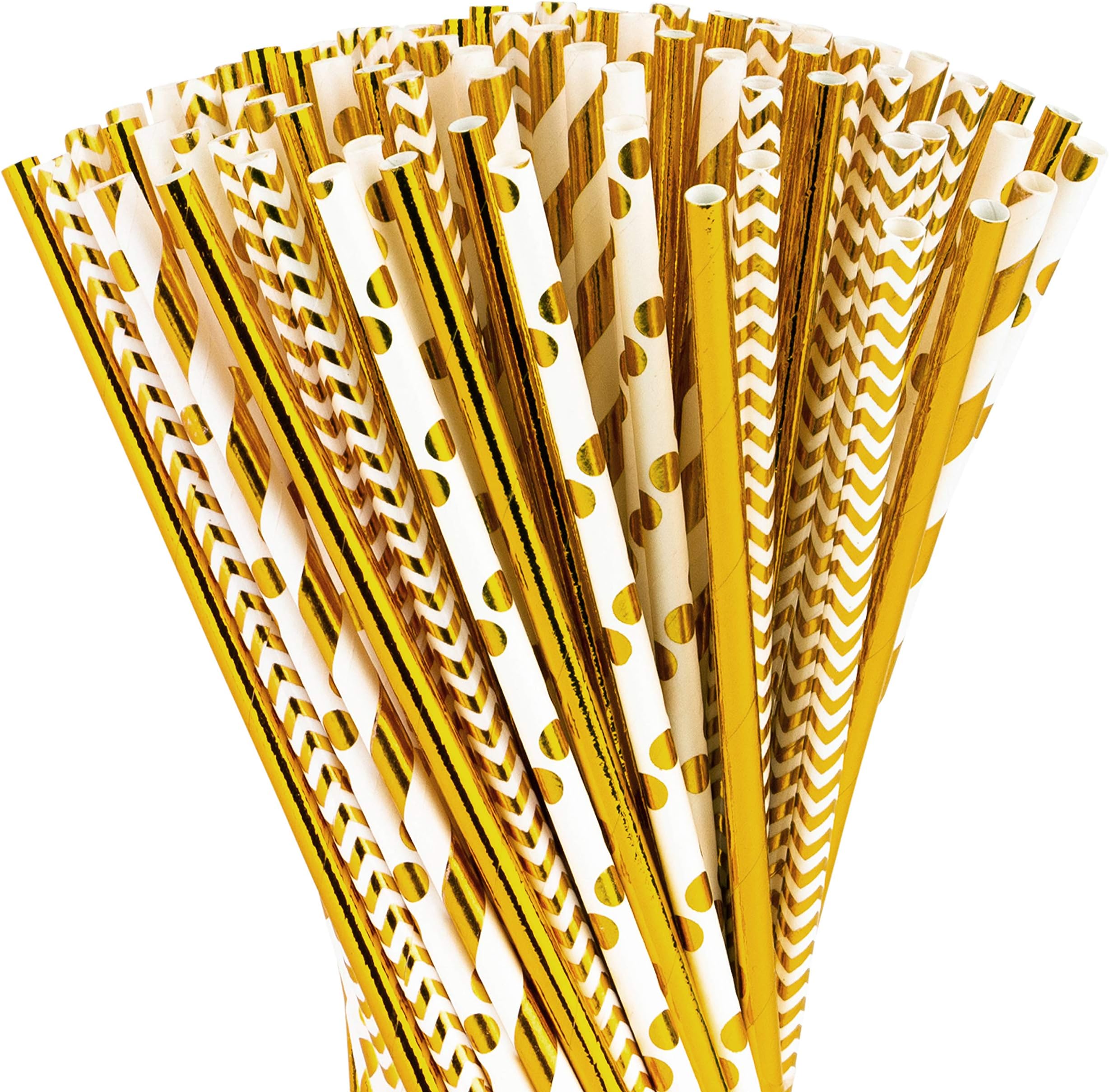 Paper Straws 200 Pack Biodegradable Gold 8.25" Straw for Everyday/Birthday Party/Bridal Shower/Wedding/Anniversary and Parties, 4 Beautiful Patterns, Long Lasting - by DuraHome (Gold)