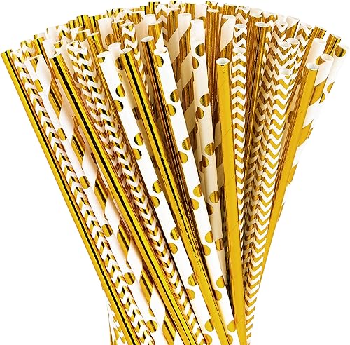 Miniatura 7 de DuraHome - Paquete de 200 popotes biodegradables con diseño de rayas doradas y rosas de 8.25 pulgadas para uso diario, fiesta de cumpleaños, baby