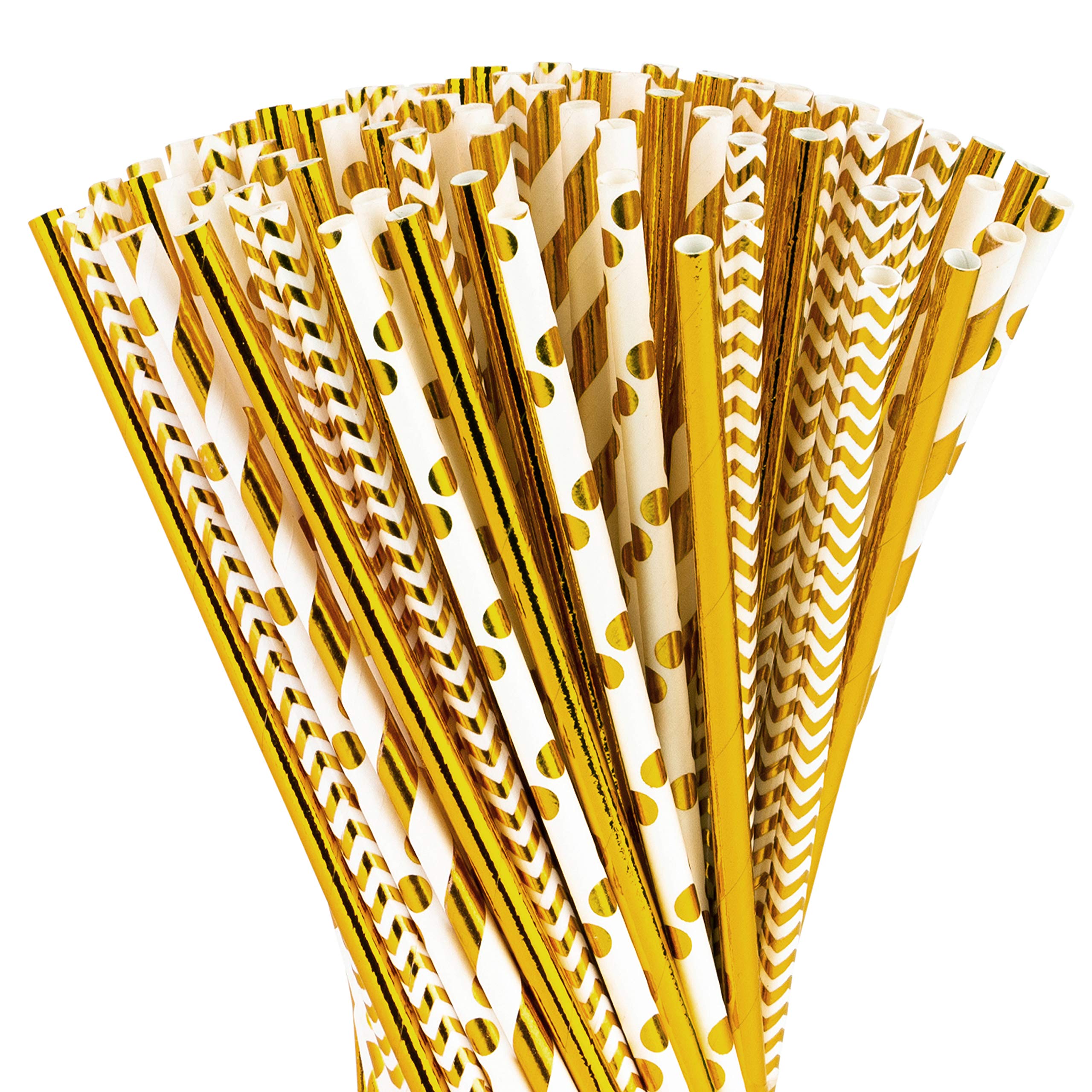Paper Straws 200 Pack Biodegradable Gold 8.25" Straw for Everyday/Birthday Party/Bridal Shower/Wedding/Anniversary and Parties, 4 Beautiful Patterns, Long Lasting - by DuraHome (Gold)