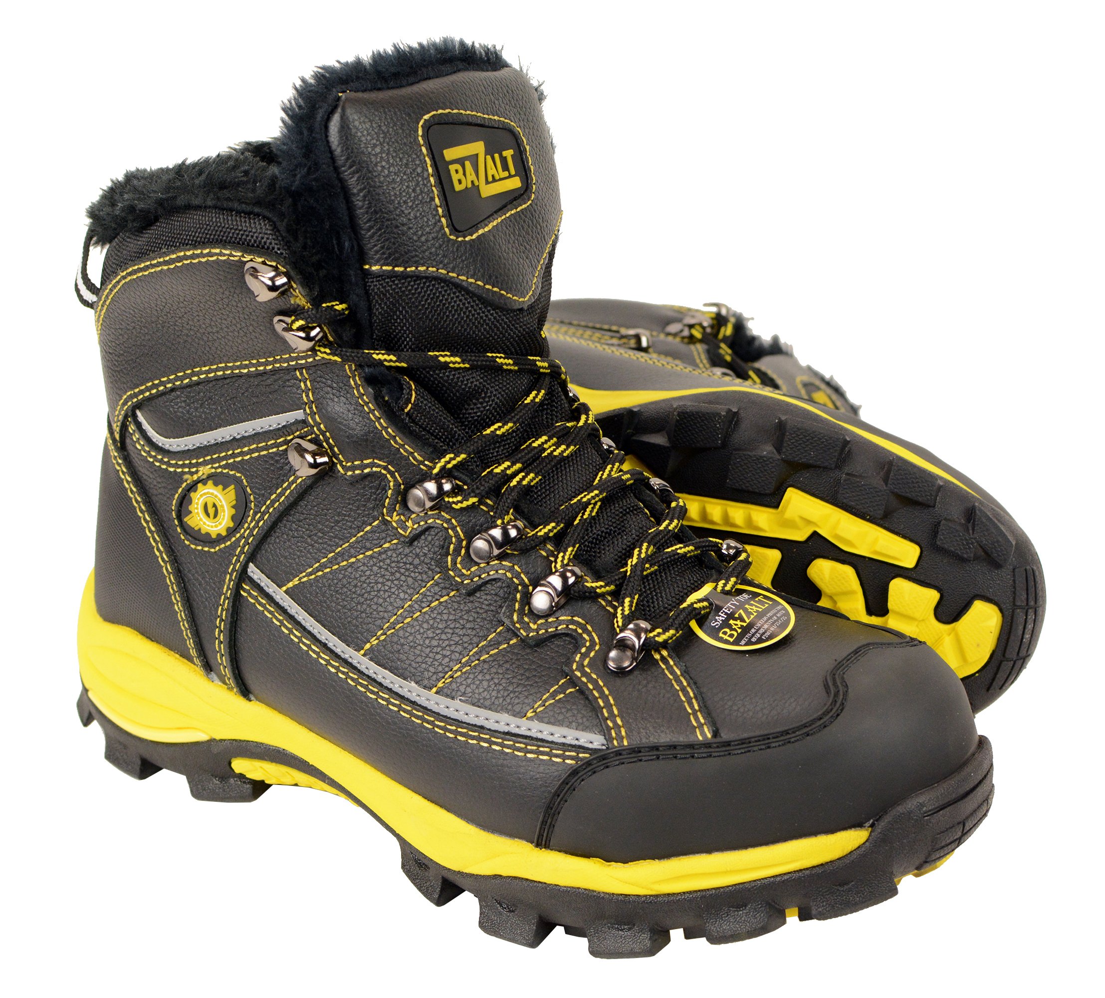 Bazalt MPM9125ST Mens Black and Yellow Water and Frost Proof Leather Boots wit Faux Fur Lining and Composite Toe - 7
