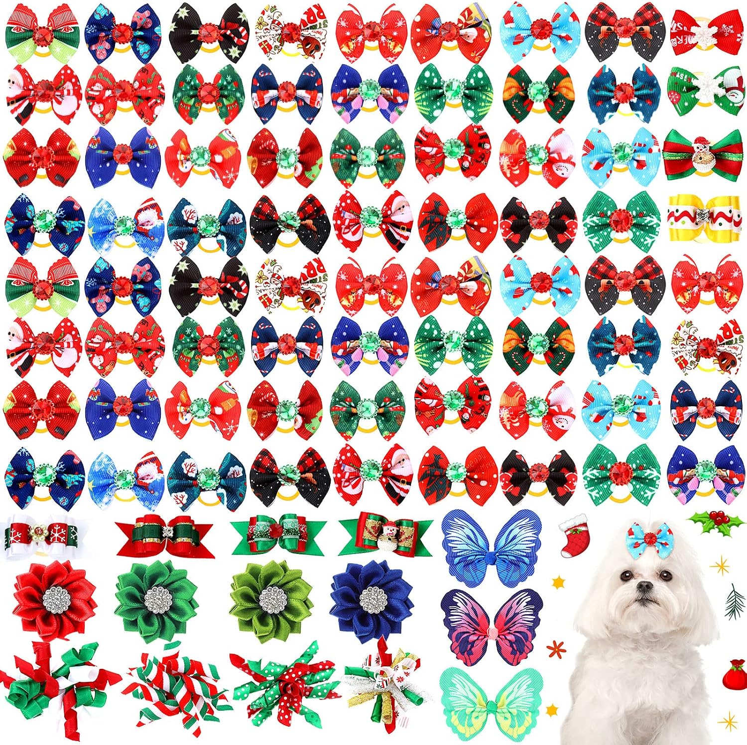 100 Pieces Christmas Dog Hair Bows with Rubber Bands