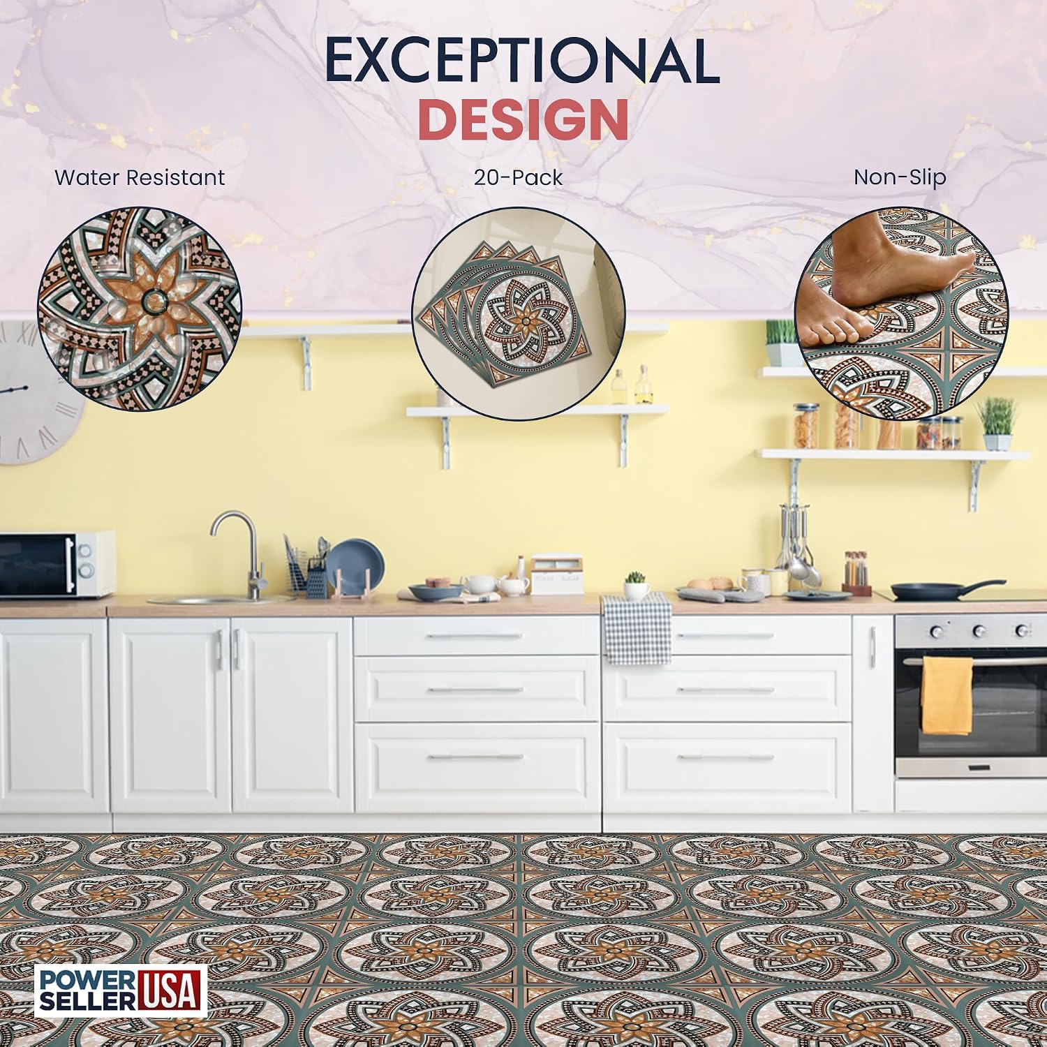 PowerSellerUSA Vinyl Self Adhesive Floor Tiles, 12x12 inches with 1.2 mm Thick 100-Pieces Contemporary Design Peel and Stick Floor Tile Stickers, Square Flooring Tiles for Kitchen, Multi Medallion