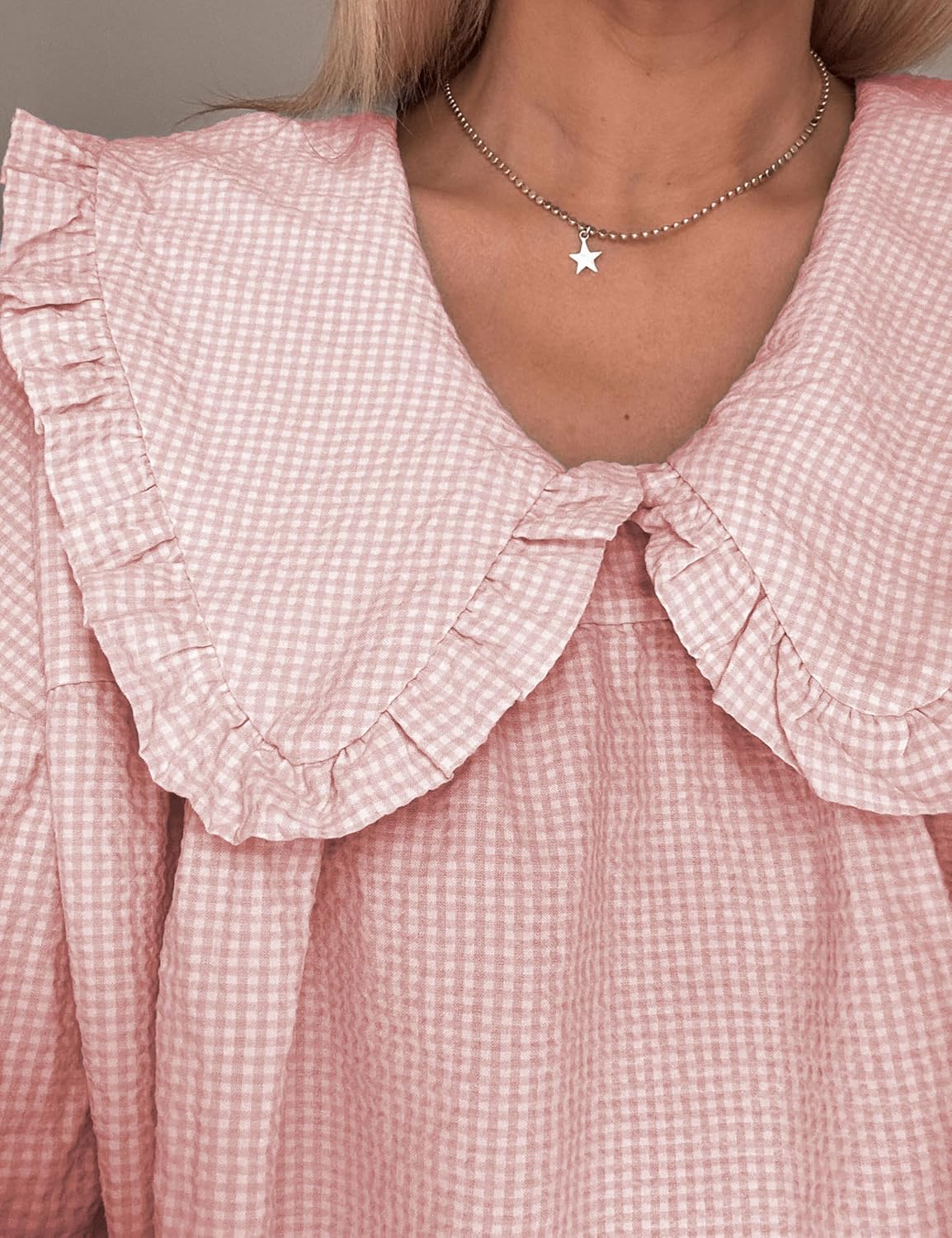 2026 Women's Babydoll 3/4 Puff Sleeve Plaid Mini Dress Lapel Doll Collar Loose Y2k Dress - Image 4