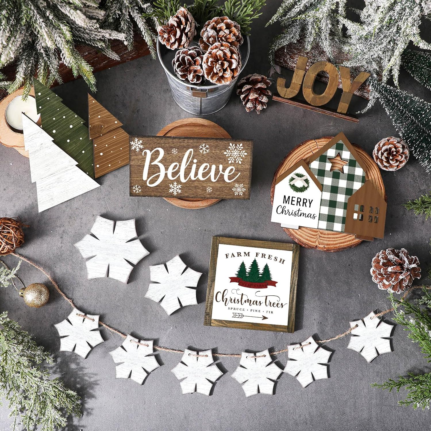 20 Pcs Neutral Christmas Tiered Tray Decor Set Vintage Plaid Snowflake Xmas Tree Wood Sign Rustic Farmhouse Tray Decoration Tabletop Sign for Winter Home Kitchen Festival - Image 6