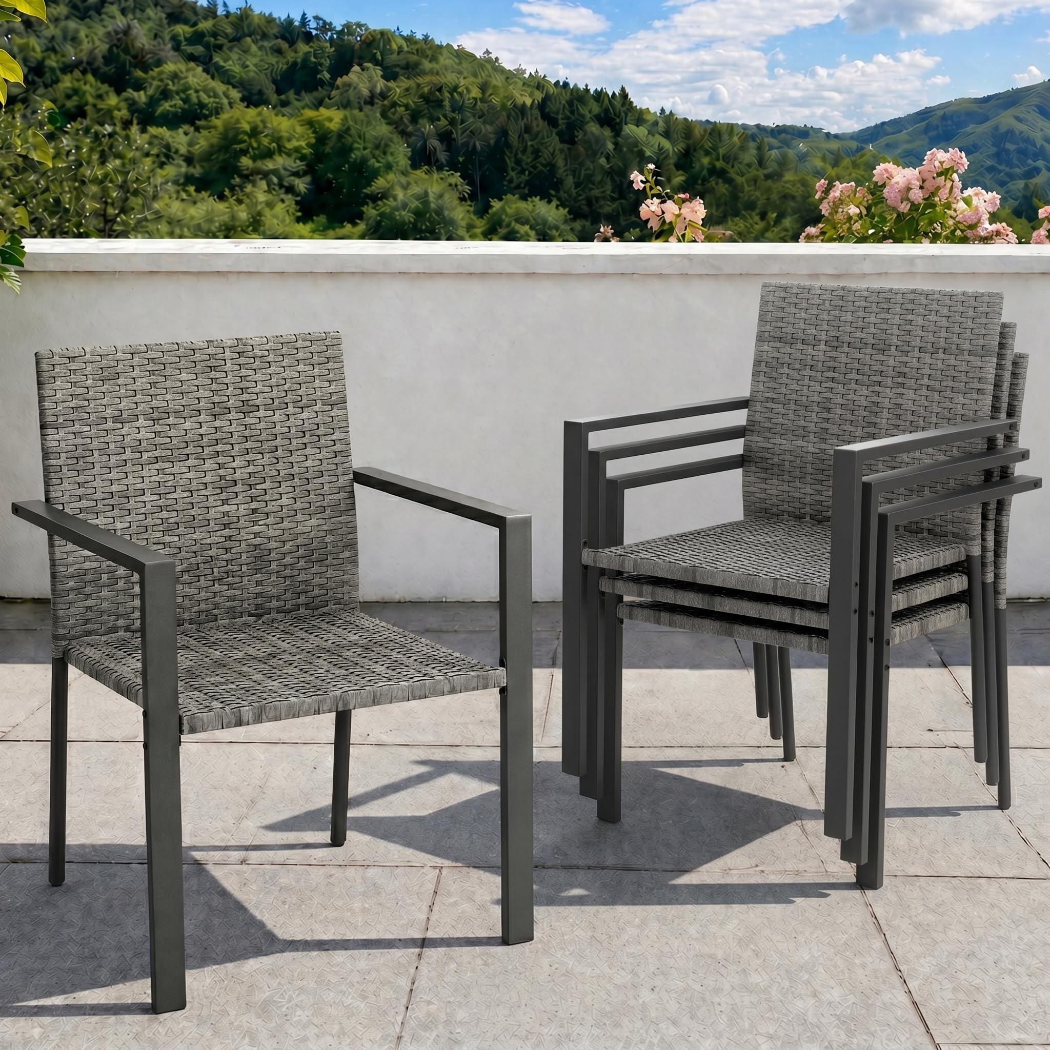 UDPATIO Gartenstühle Stapelbar 4er Set, Gartenstuhl Hochlehner aus Polyrattan, Rattan Stühle, Stapelstühle Wetterfest, Balkonstuhl Metall, Terrassenstühle für Garten, Outdoor, Grau