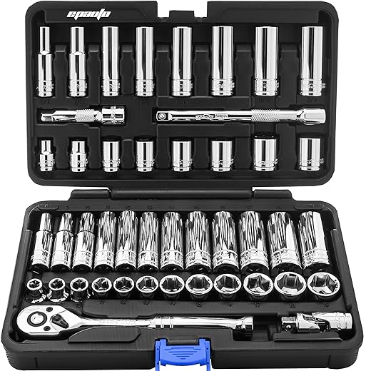 EPAuto 45 Pieces 3/8" Drive Socket Set with 72-Tooth Pear Head Ratchet