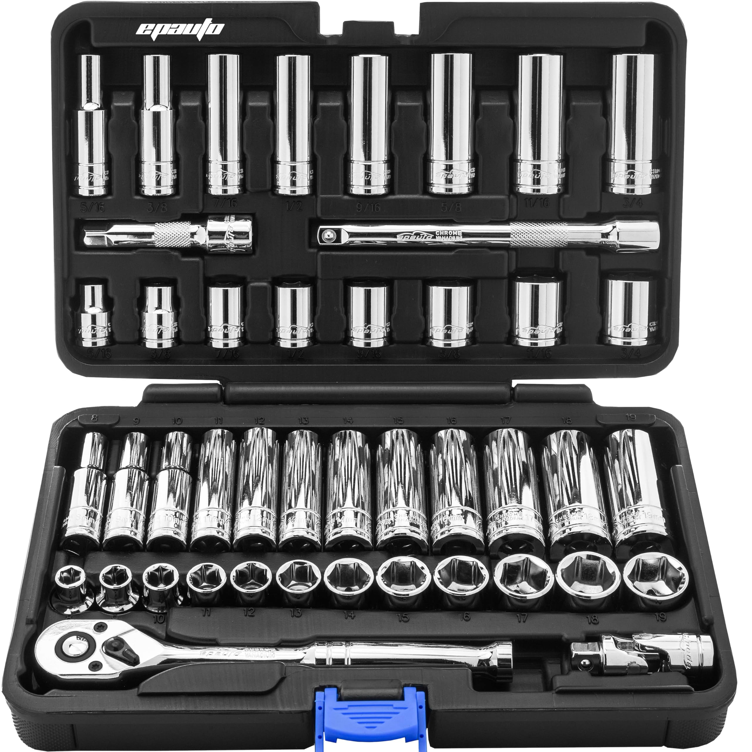 EPAuto 45 Pieces 3/8" Drive Socket Set with 72-Tooth Pear Head Ratchet