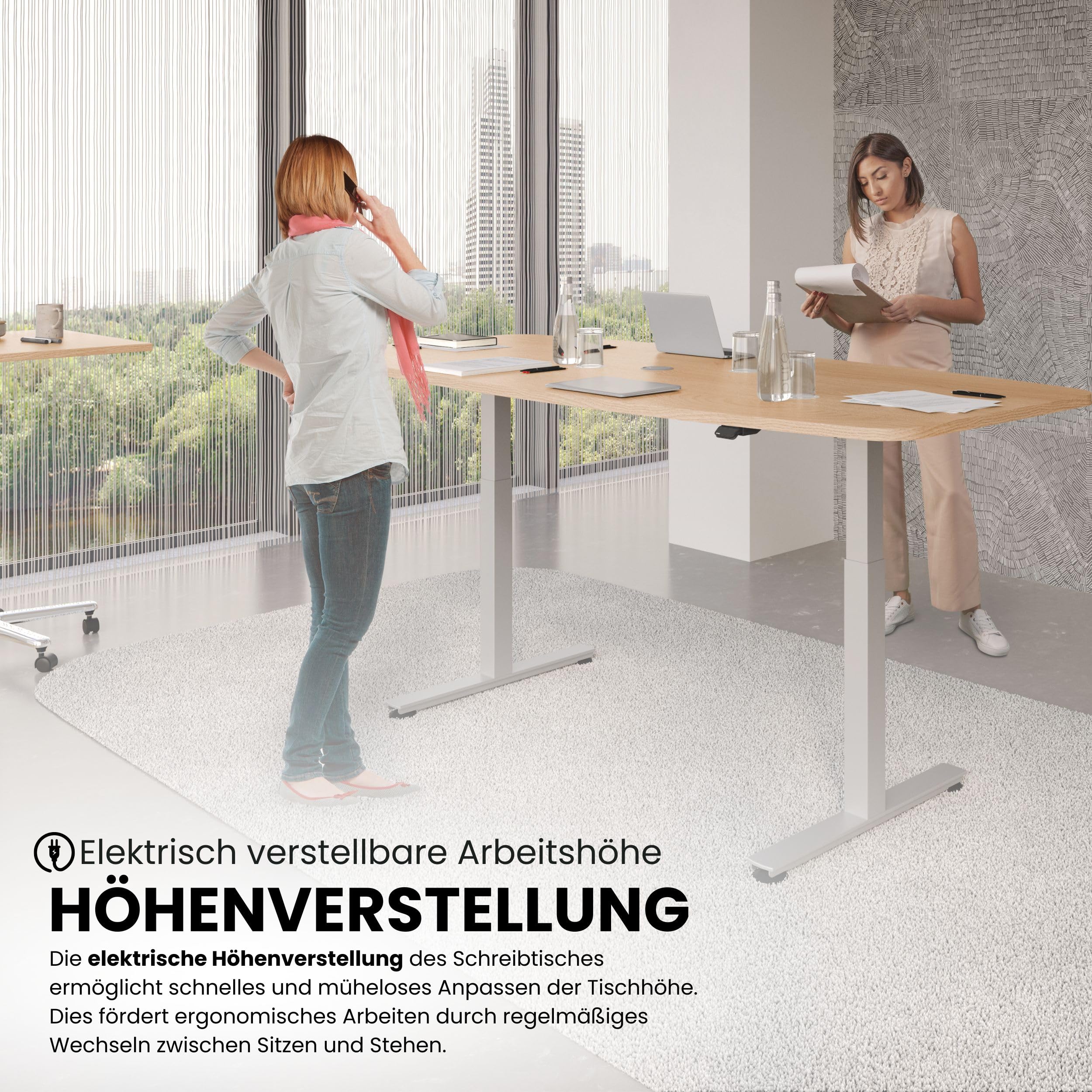 bümö elektrisch höhenverstellbarer Konferenztisch in Asteiche 220x103 cm, Gestell: Silber - Besprechungstisch rund-oval, großer elektrischer Meeting Tisch für Konferenz & Besprechungsraum