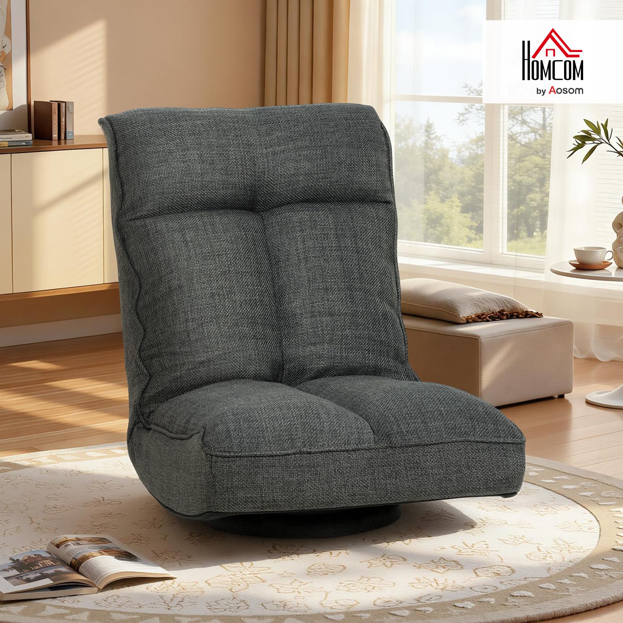 HOMCOM Fauteuil de Sol Pliable et Pivotant à 360°, Chaise de Sol Rembourrée avec Dossier Inclinable 5 Positions, Canapé Paresseux en Lin pour Salon, Bureau, Chambre, 58x107x79 cm, Gris