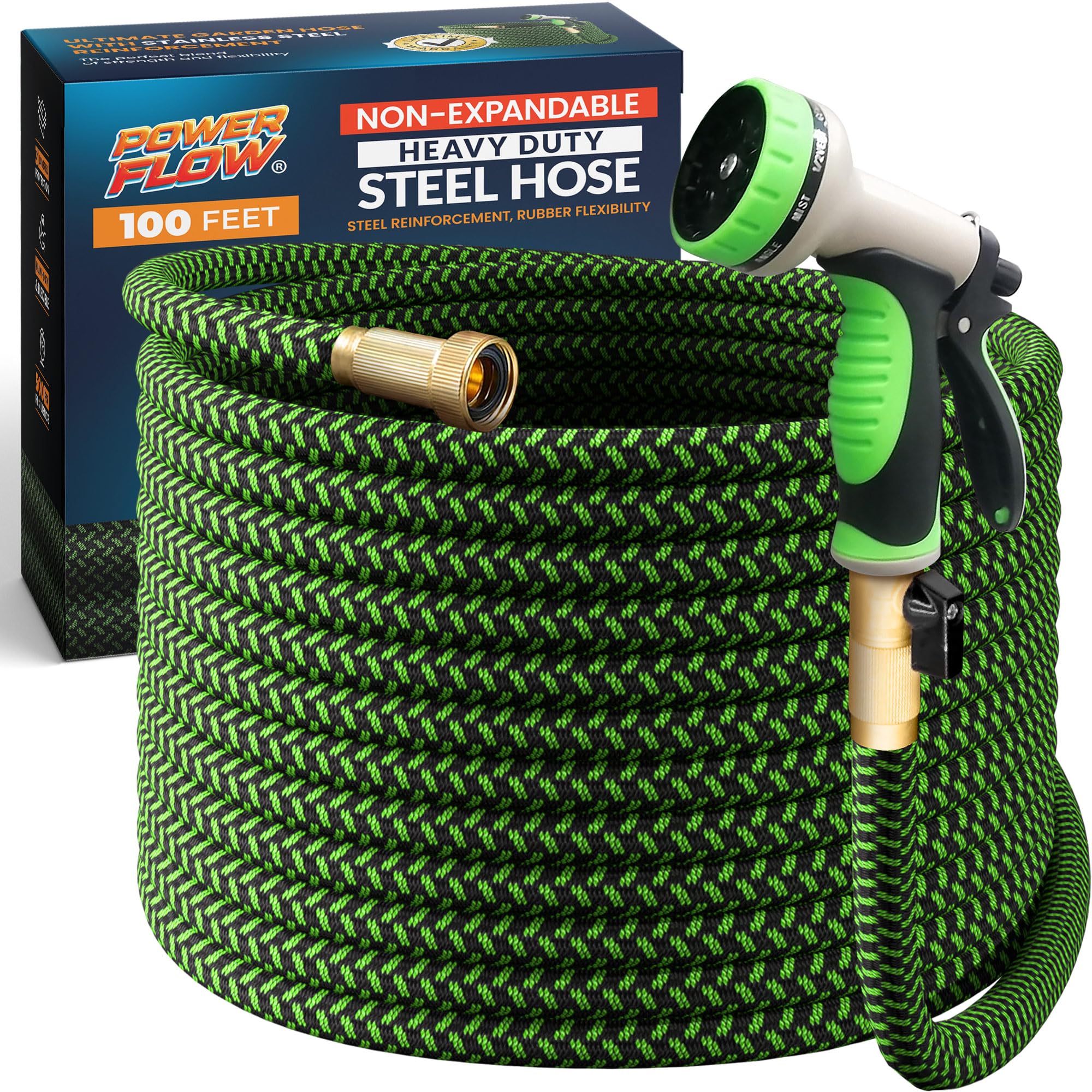 PowerFlow Garden Hose, NON-EXPANDABLE 100ft Premium Quality Stainless Steel Metal Water Hose with Durable Fabric Skin, Hose For Commercial, Residential Use, Bonus 10-way Spray Nozzle (100 Ft, Green)