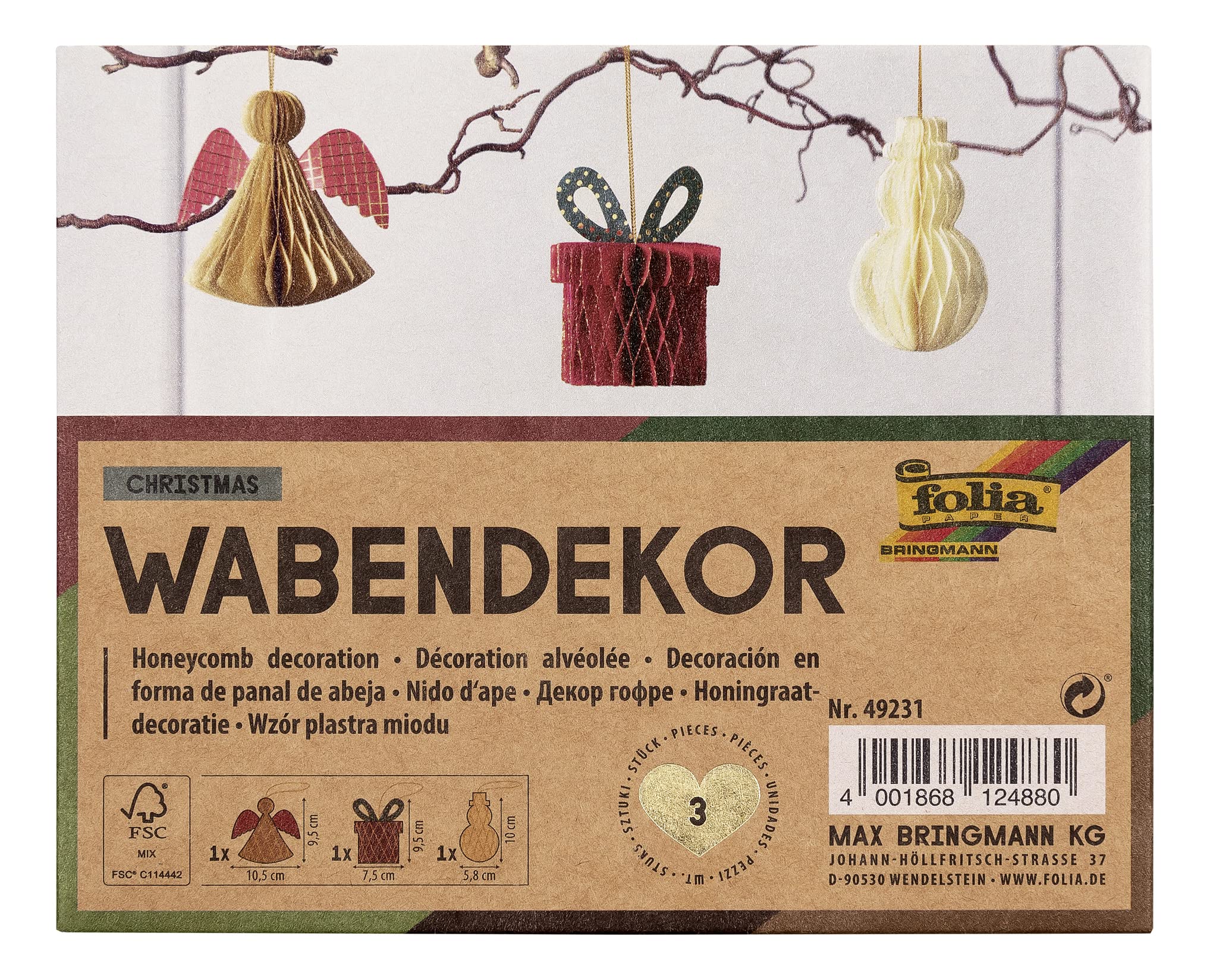 folia 49231 Christmas Honeycomb Decoration Set of 3 Foldable Christmas Decorations for Indoor Use White/Red/Beige/Small
