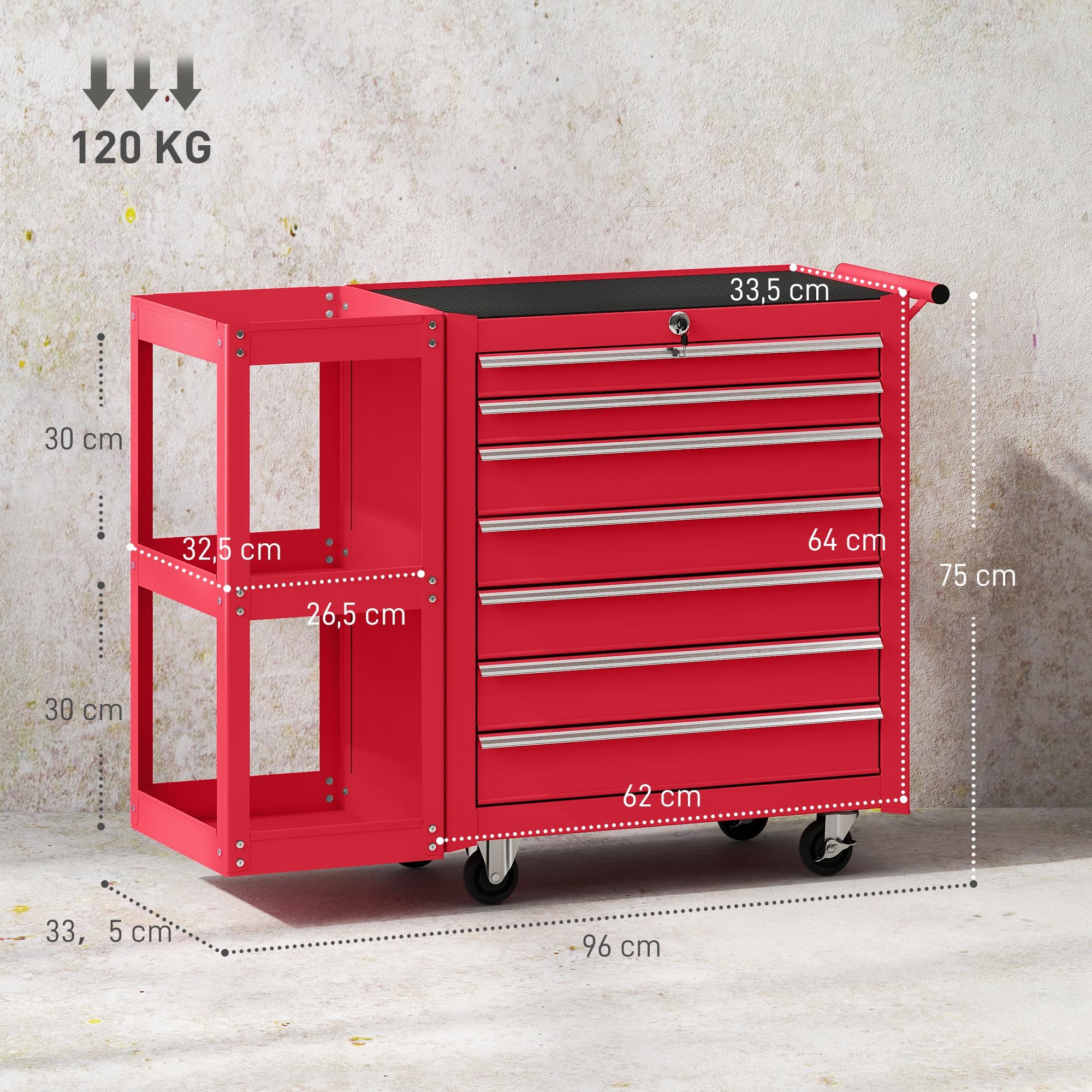 HOMCOM Carro de Herramientas con 7 Cajones, Carro de Taller con Estantería de 3 Niveles Desmontable, Sistema de Cierre Central, Asa, 2 Ruedas con Freno de Bloqueo, Rojo