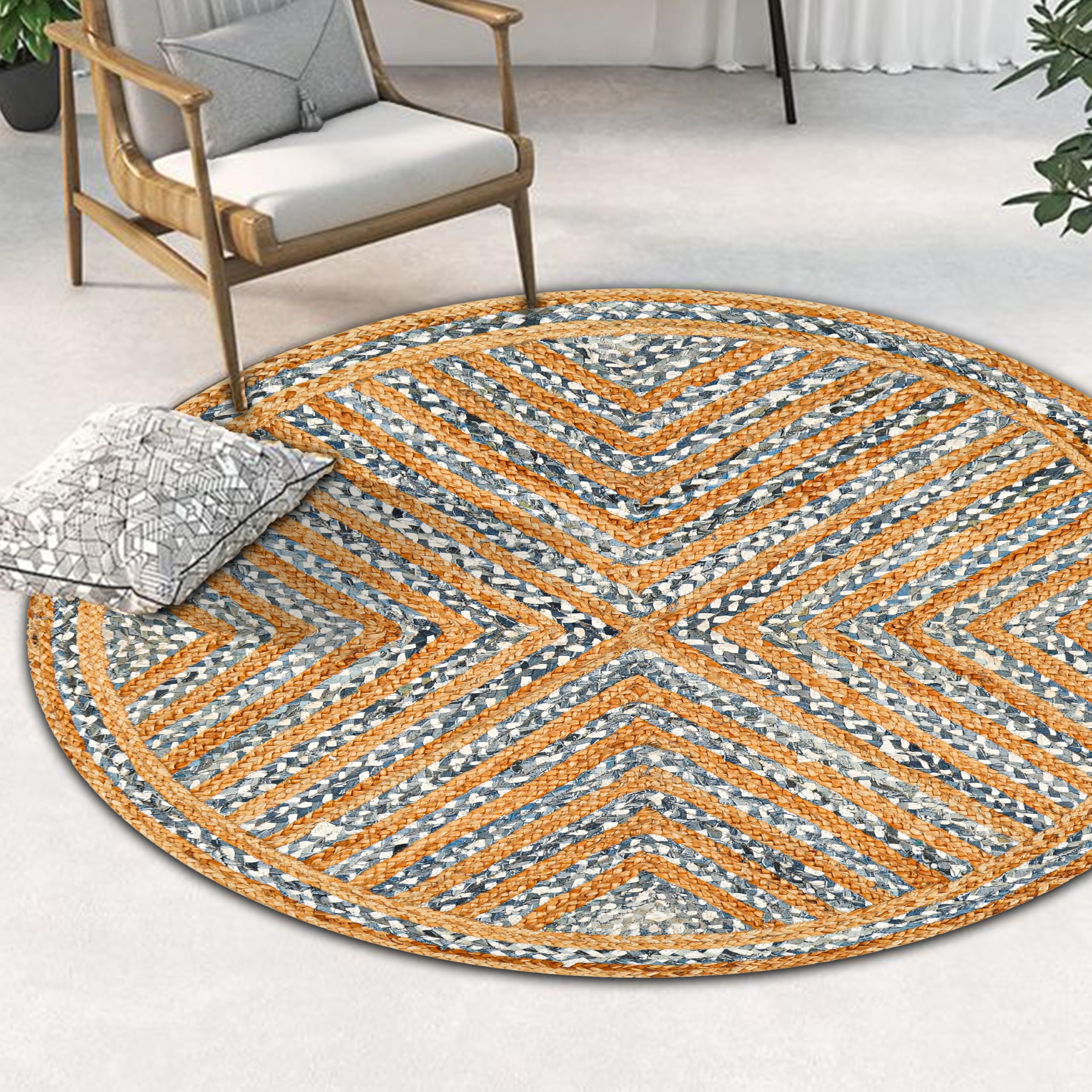 Lightnpro Bohemian-Teppich aus Jute, Baumwolle, Denim, geflochten, rund, Bauernhaus, Jute, Baumwolle, Flickenteppich für Küche, Kinderzimmer, Spielzimmer, bunt, handgewebt, wendbar, haustierfreundlich