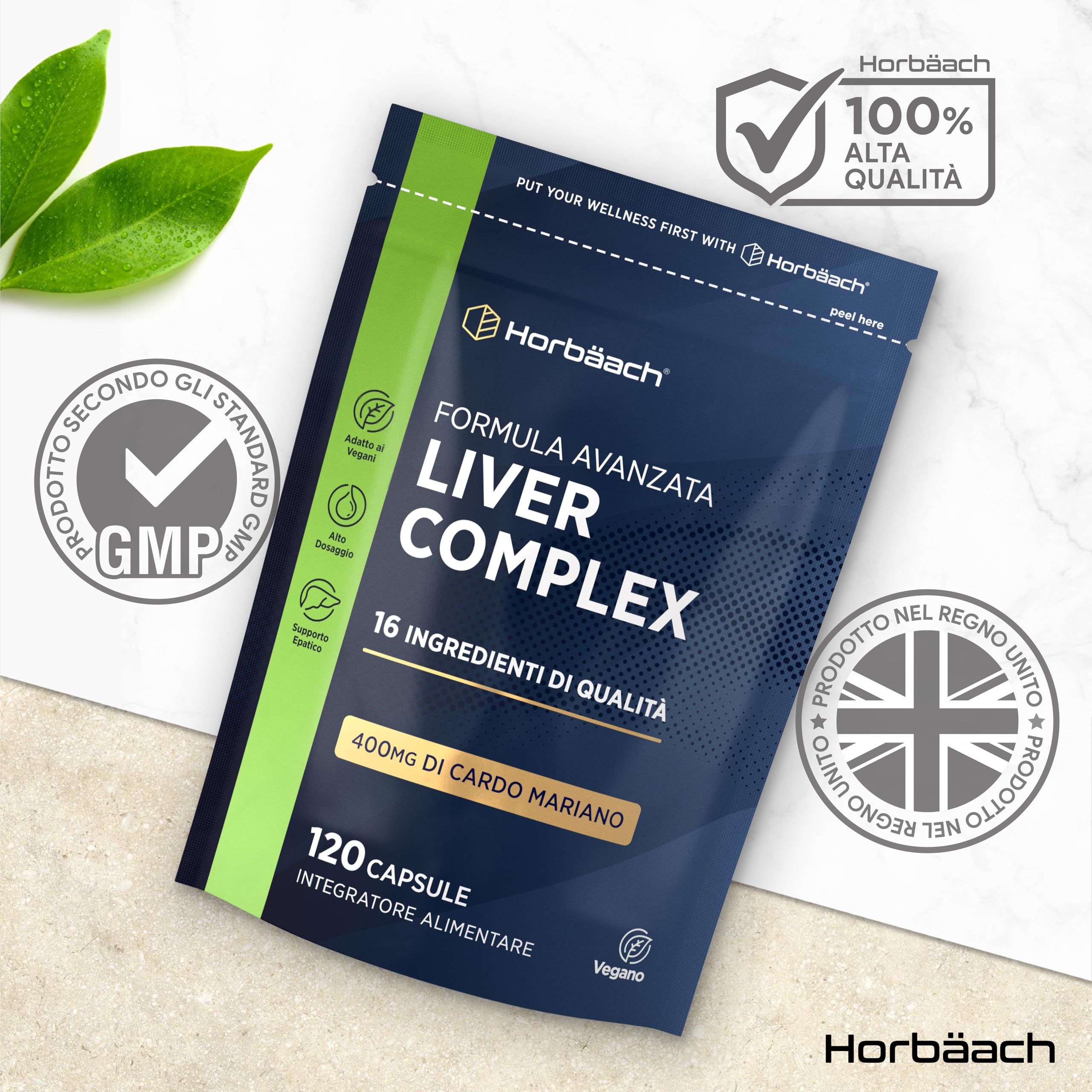 Liver Complex | con Cardo Mariano, Estratto di Carciofo, Radice di Tarassaco, Curcuma, Vitamina C, D e Altro | 120 Capsule Vegane | Integratore Depurativo Fegato | Funzione Epatica | Horbaach