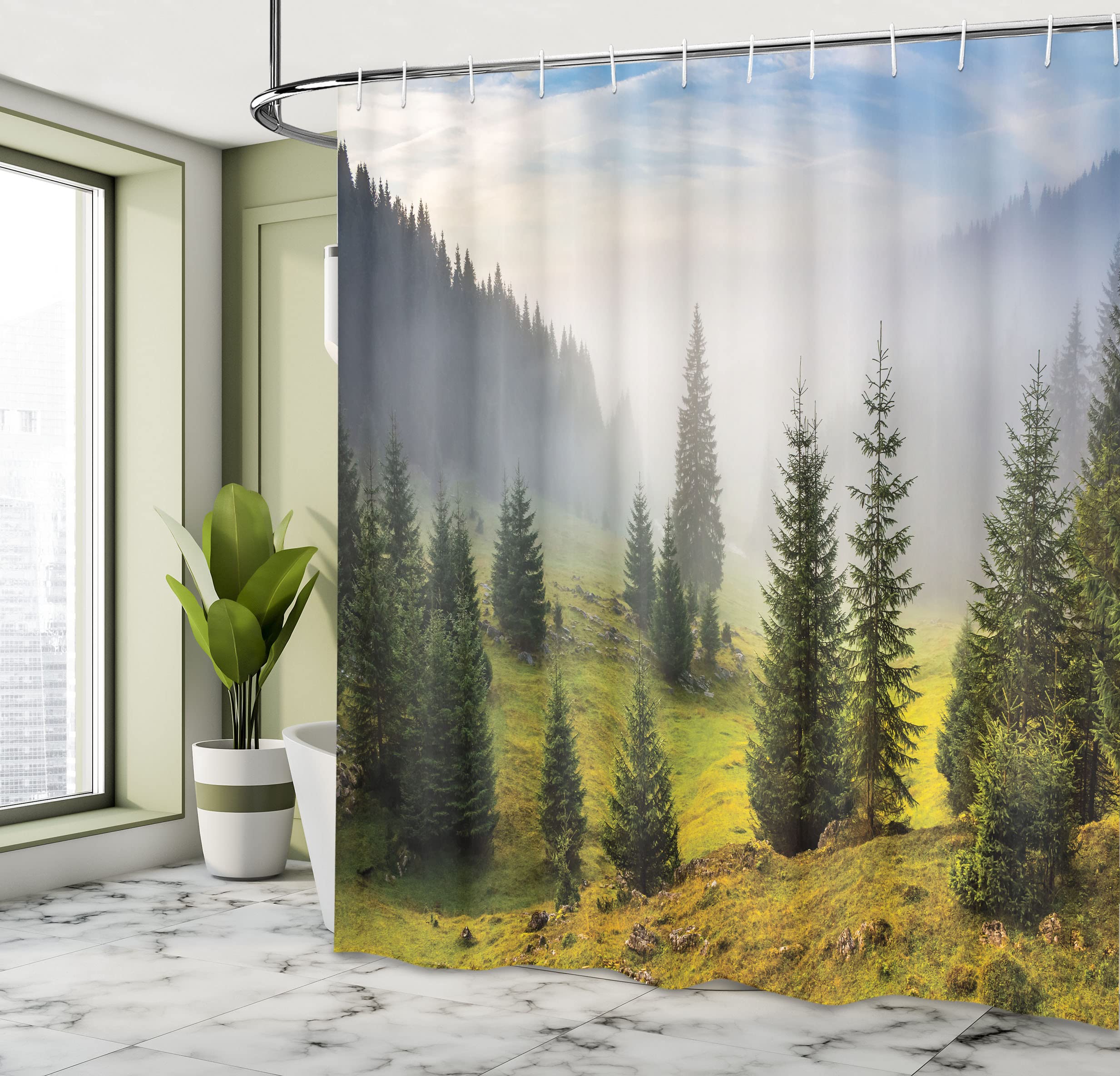 ABAKUHAUS Forest Shower Curtain, Fir Trees on Meadow Between Hillsides Conifer Woodland in Fog Before Sunrise - Image 4