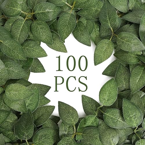 Hojas de rosas artificiales, 100 hojas verdes falsas a granel de hojas de seda con tallos vegetación para centros de mesa, bricolaje, ramos de boda,