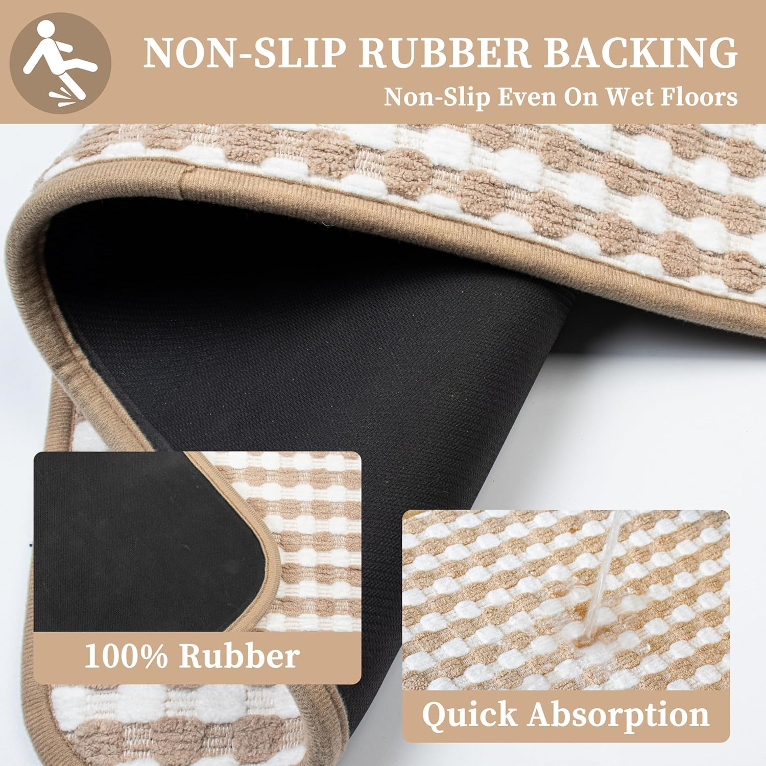 Non Slip Bathroom Runner Rug Quick Dry Braided Absorbent Neutral Thin Bath Mat Fit Under Door Tub Floor, Machine Washable Shower Mat with Rubber Backing 17" x 47",Beige and White
