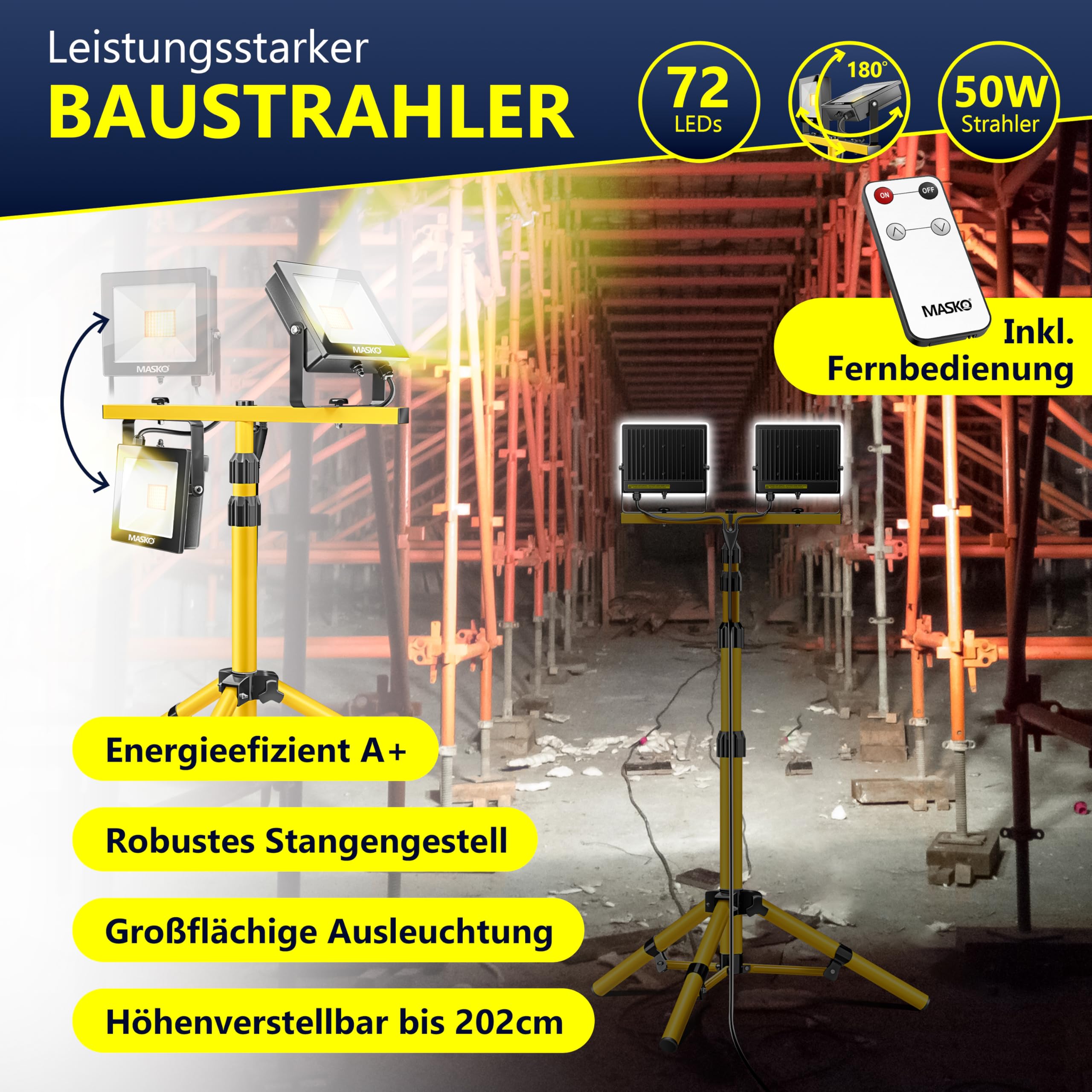 MASKO® LED Baustrahler 8000 Lumen Doppel 2x50W mit Stativ & Fernbedienung Arbeitsleuchte 72LEDs Arbeitsscheinwerfer 360° Drehbar IP65 Bauscheinwerfer 5m Kabel Baustellenlampe höhenverstellbar 86-202cm