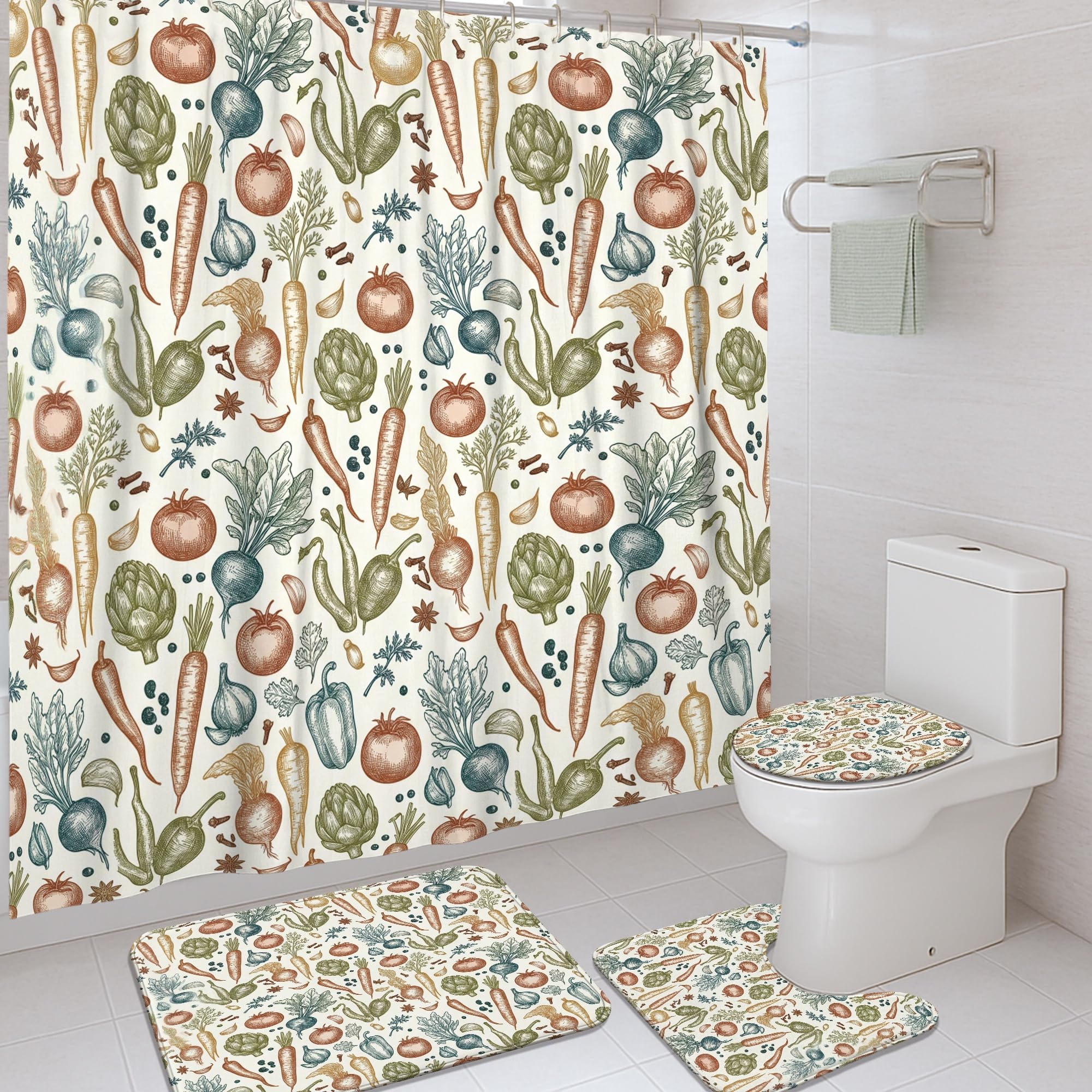 Rideau de douche rustique carotte 183x183 avec tapis de bain vert automne