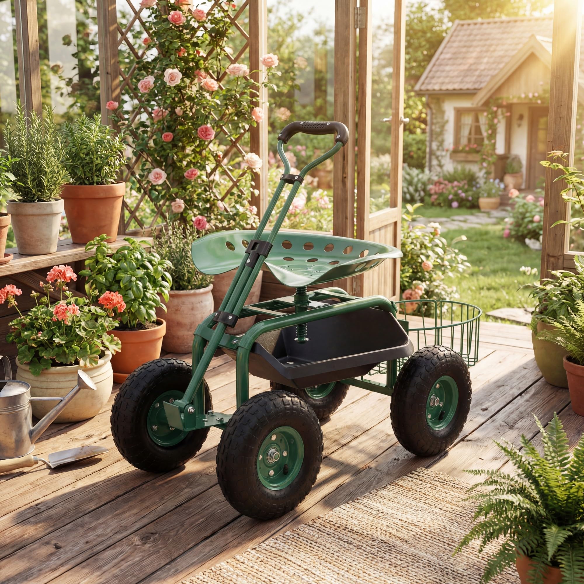GYMAX Gartenhocker mit Rollen, Gartenwagen mit Verstellbarer Sitzhöhe, ausziehbarem Griff & Aufbewahrungskorb, Rollsitz für Gartenarbeit, Arbeitssitz Gartensitz Grün